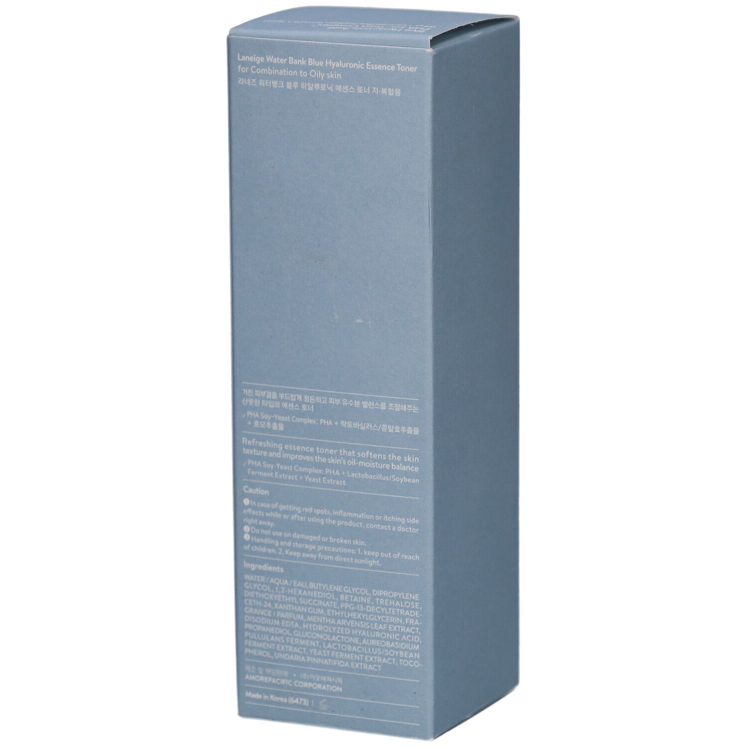 Lichtblauwe productverpakking. Tekst in het Koreaans en Engels. Bevat informatie over het product en ingrediënten.