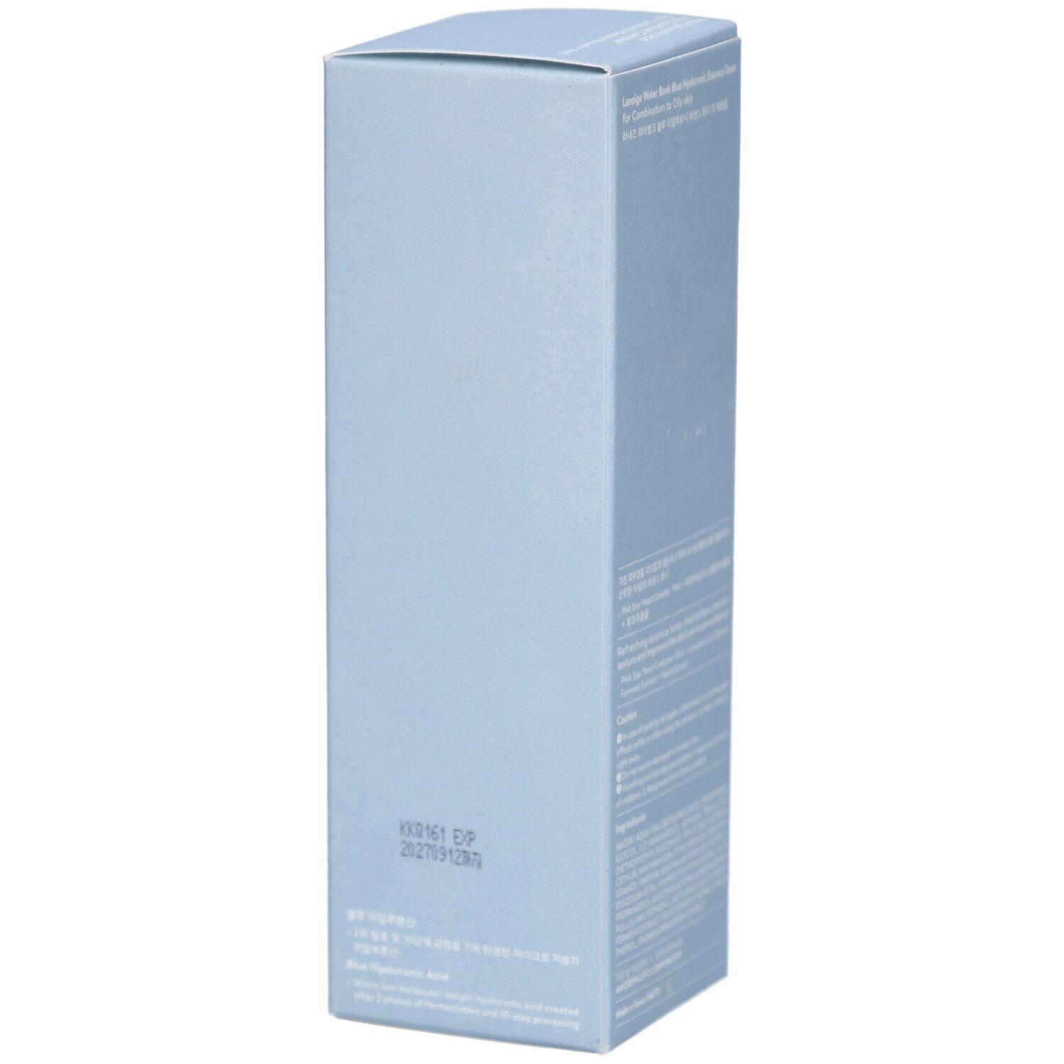 Lichtblauwe productverpakking. Tekst in het Koreaans en Engels. Bevat informatie over het product en ingrediënten.