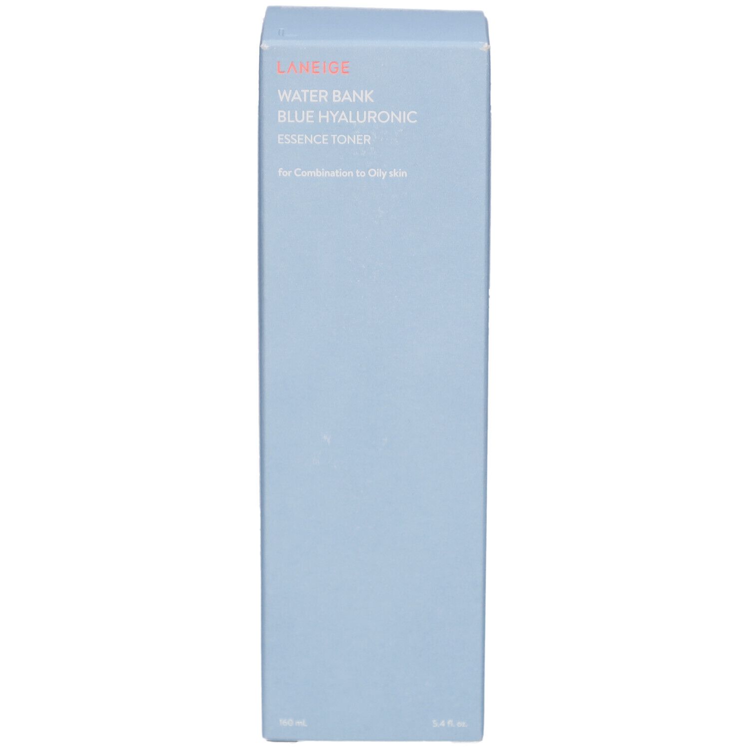 Lichtblauwe productverpakking. Opschrift: LANEIGE WATER BANK BLUE HYALURONIC Essence Toner. Voor de gemengde tot vette huid.