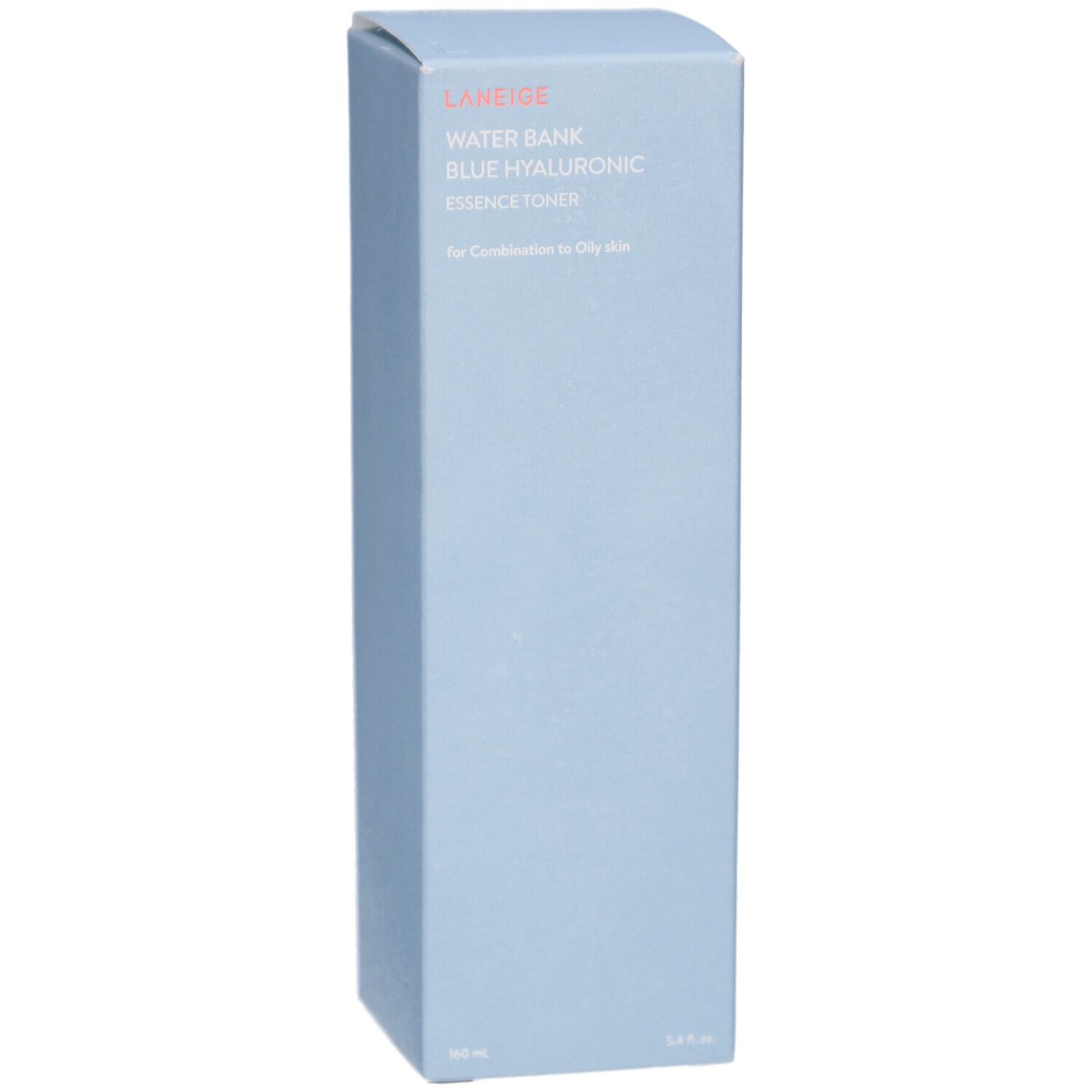 Lichtblauwe productverpakking. Opschrift: LANEIGE WATER BANK BLUE HYALURONIC Essence Toner. Voor de gemengde tot vette huid.