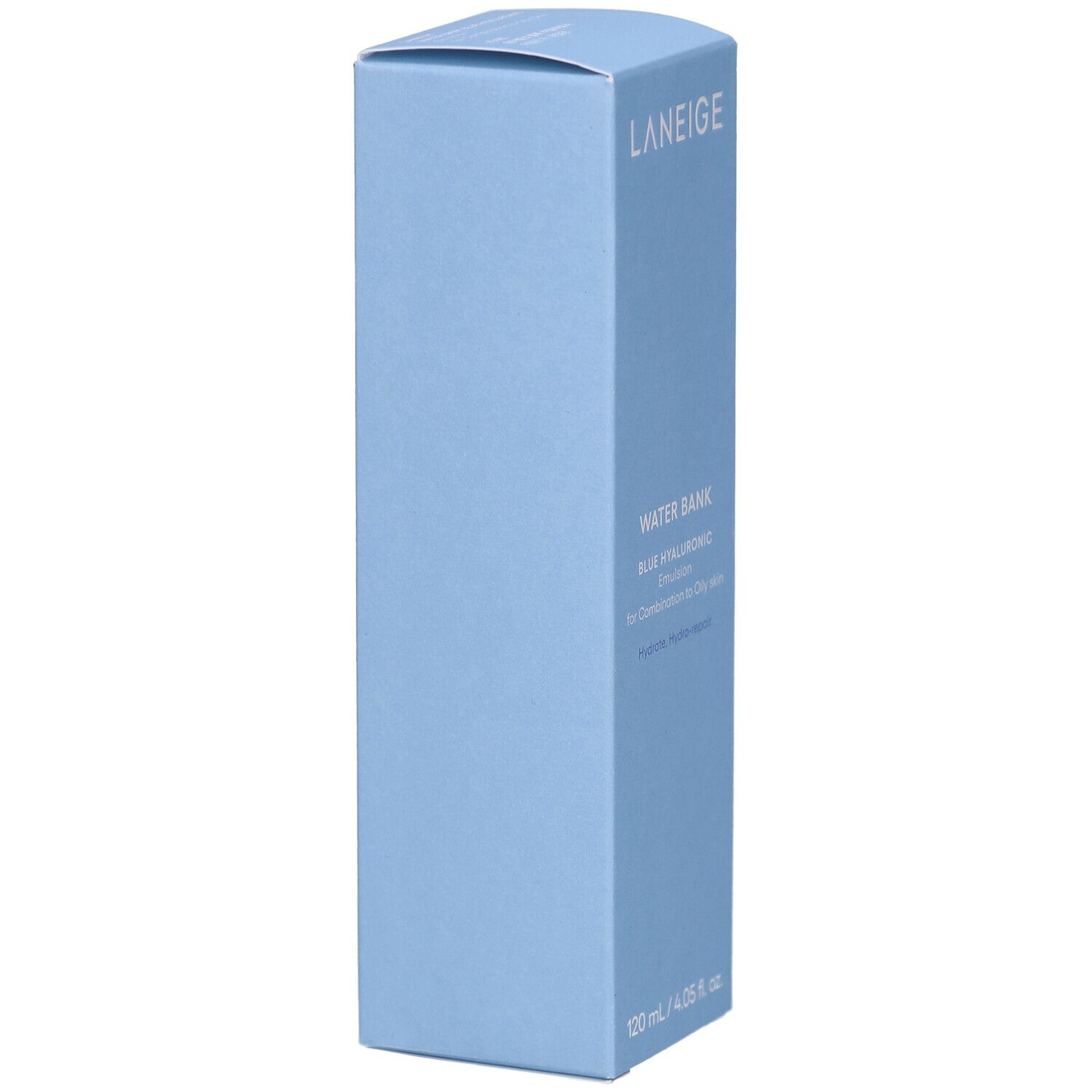 Emballage bleu clair. Inscription: LANEIGE, WATER BANK BLUE HYALURONIC Emulsion. Vue latérale. 120 ml / 4.05 fl. oz.