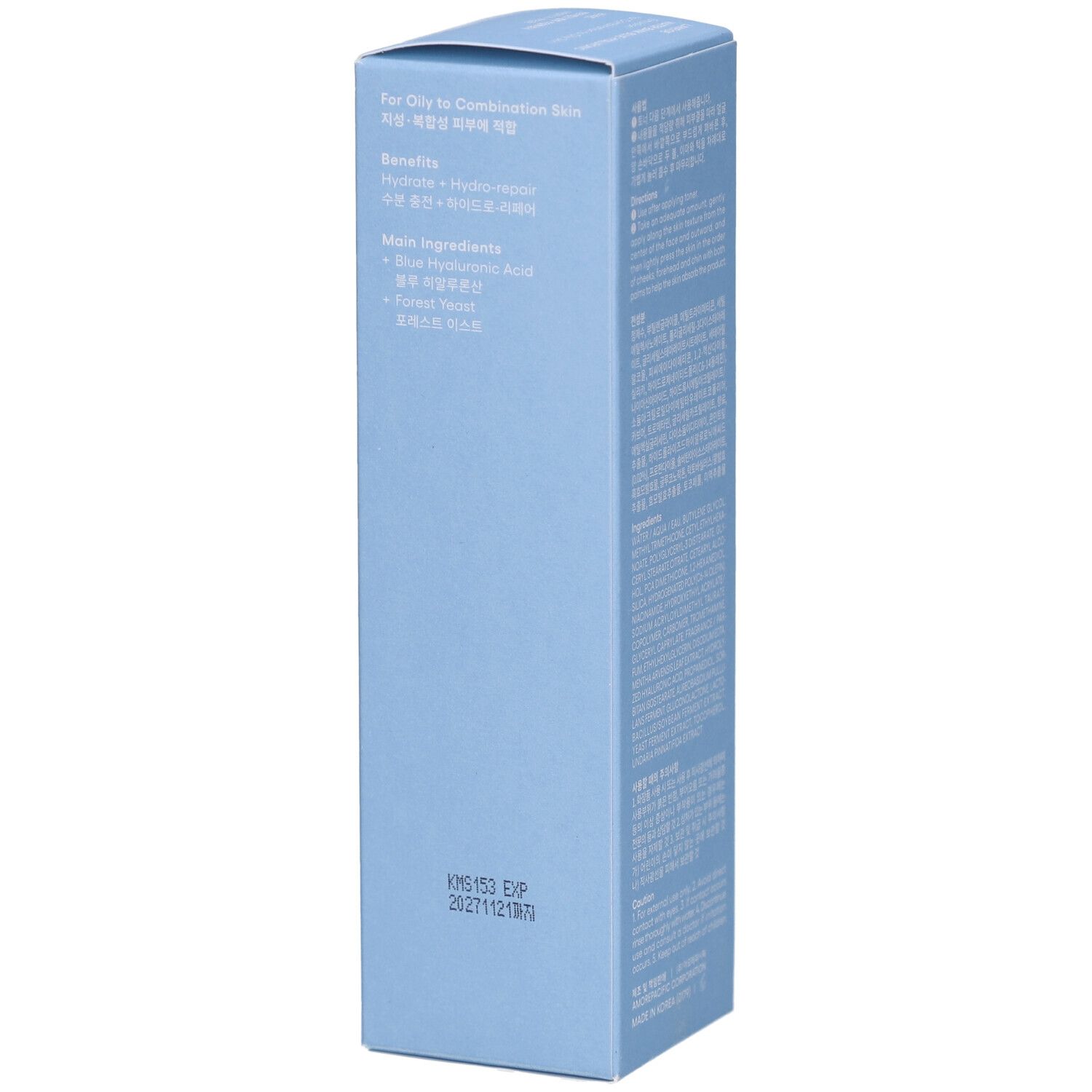 Emballage bleu clair. Dos avec texte. Contient des informations pour peaux mixtes à grasses et ingrédients.