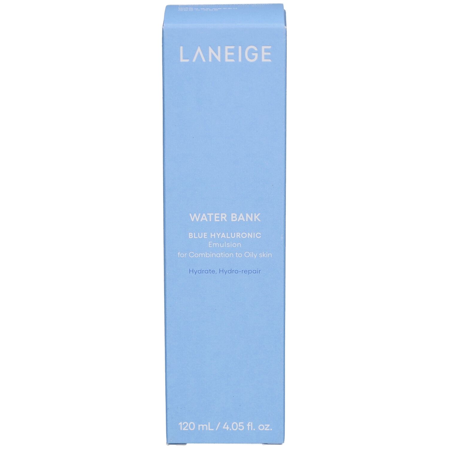 Emballage bleu clair. Inscription: LANEIGE, WATER BANK BLUE HYALURONIC Emulsion, pour peaux mixtes à grasses. 120 ml / 4.05 fl. oz.