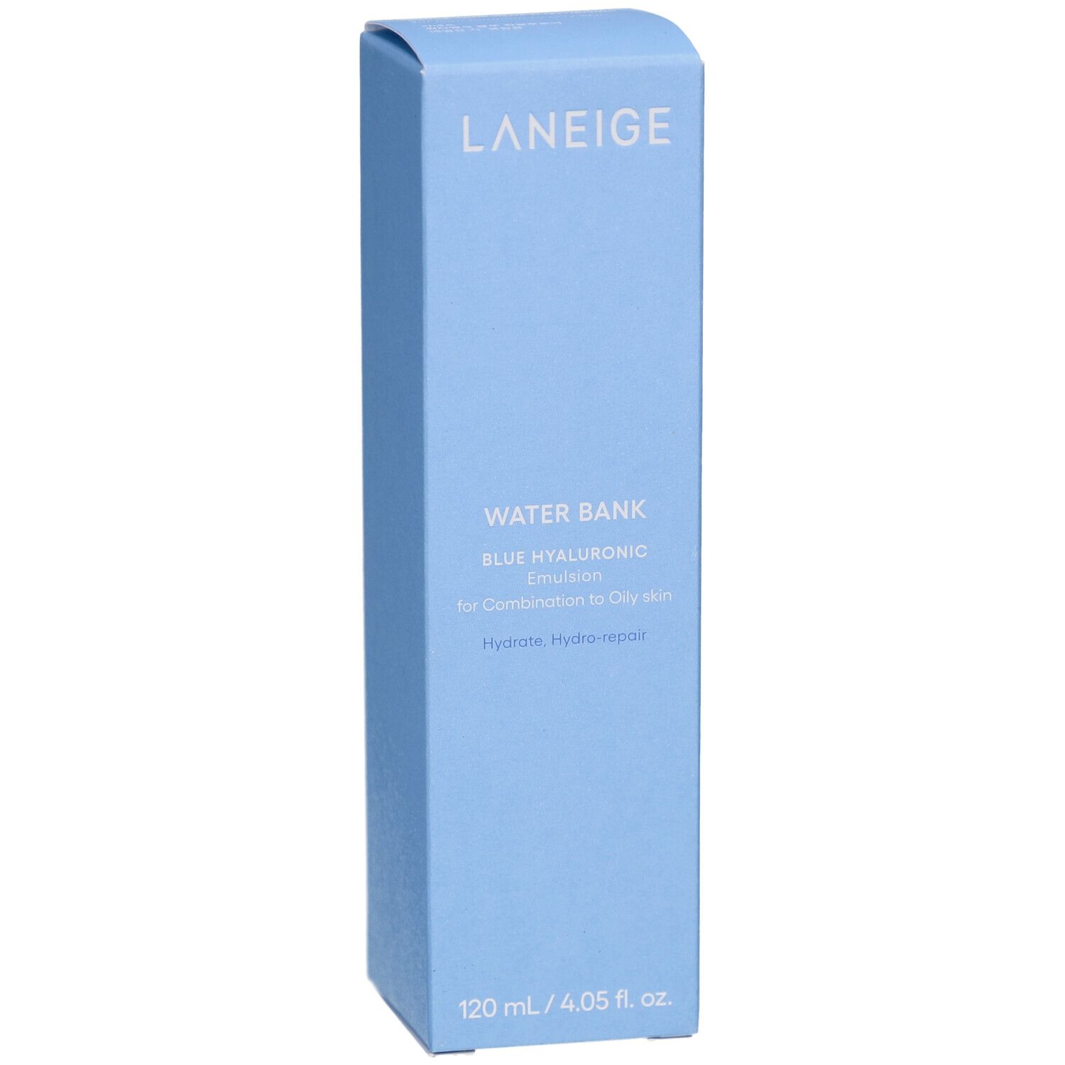 Emballage bleu clair. Inscription: LANEIGE, WATER BANK BLUE HYALURONIC Emulsion, pour peaux mixtes à grasses. 120 ml / 4.05 fl. oz.