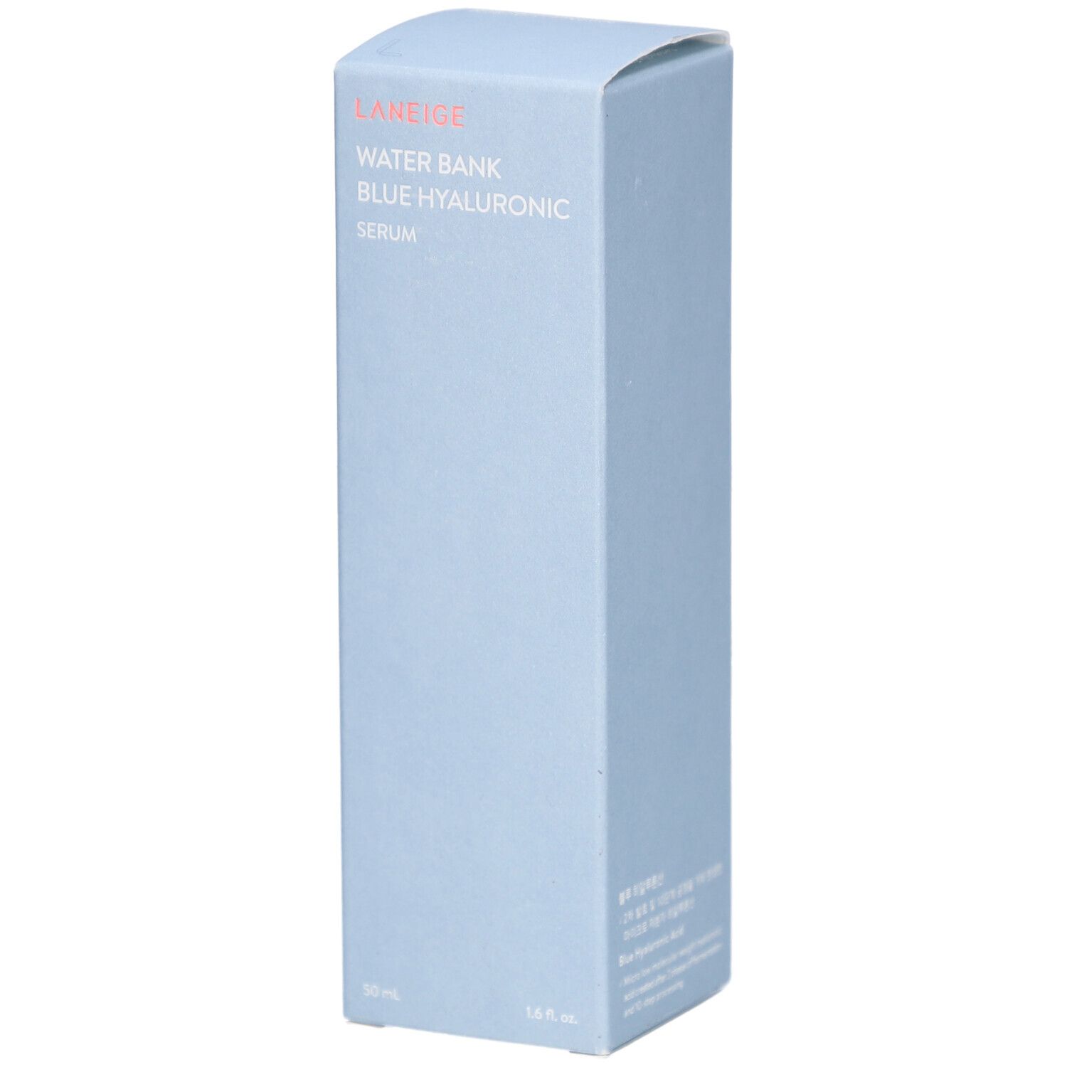 Lichtblauwe productverpakking. Tekst: LANEIGE, WATER BANK BLUE HYALURONIC SERUM. 50 ml.