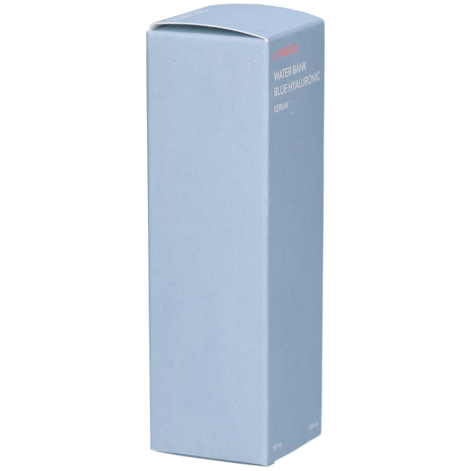 Lichtblauwe productverpakking. Tekst: LANEIGE, WATER BANK BLUE HYALURONIC SERUM. Zijaanzicht.