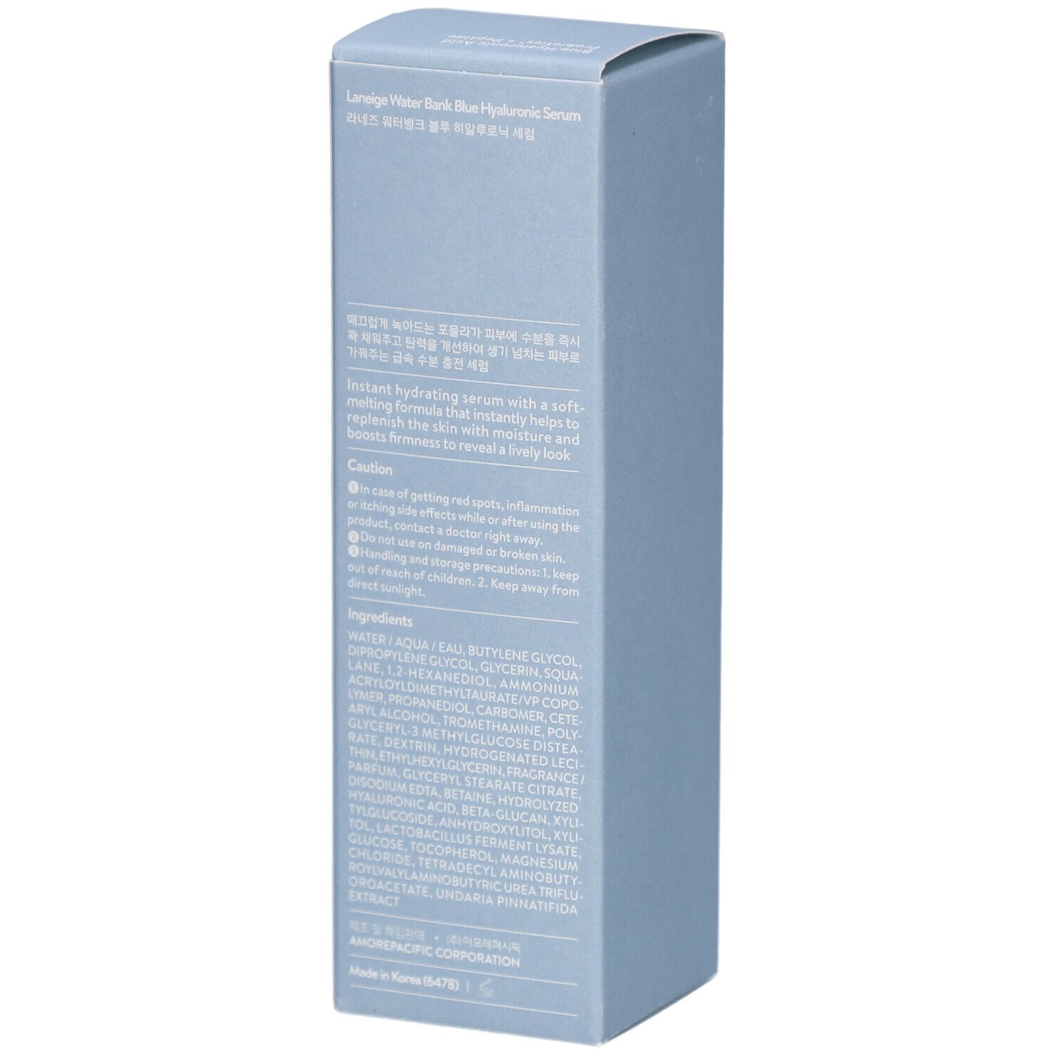 Lichtblauwe productverpakking. Tekst op achterkant: LANEIGE Water Bank Blue Hyaluronic Serum. Ingrediënten.