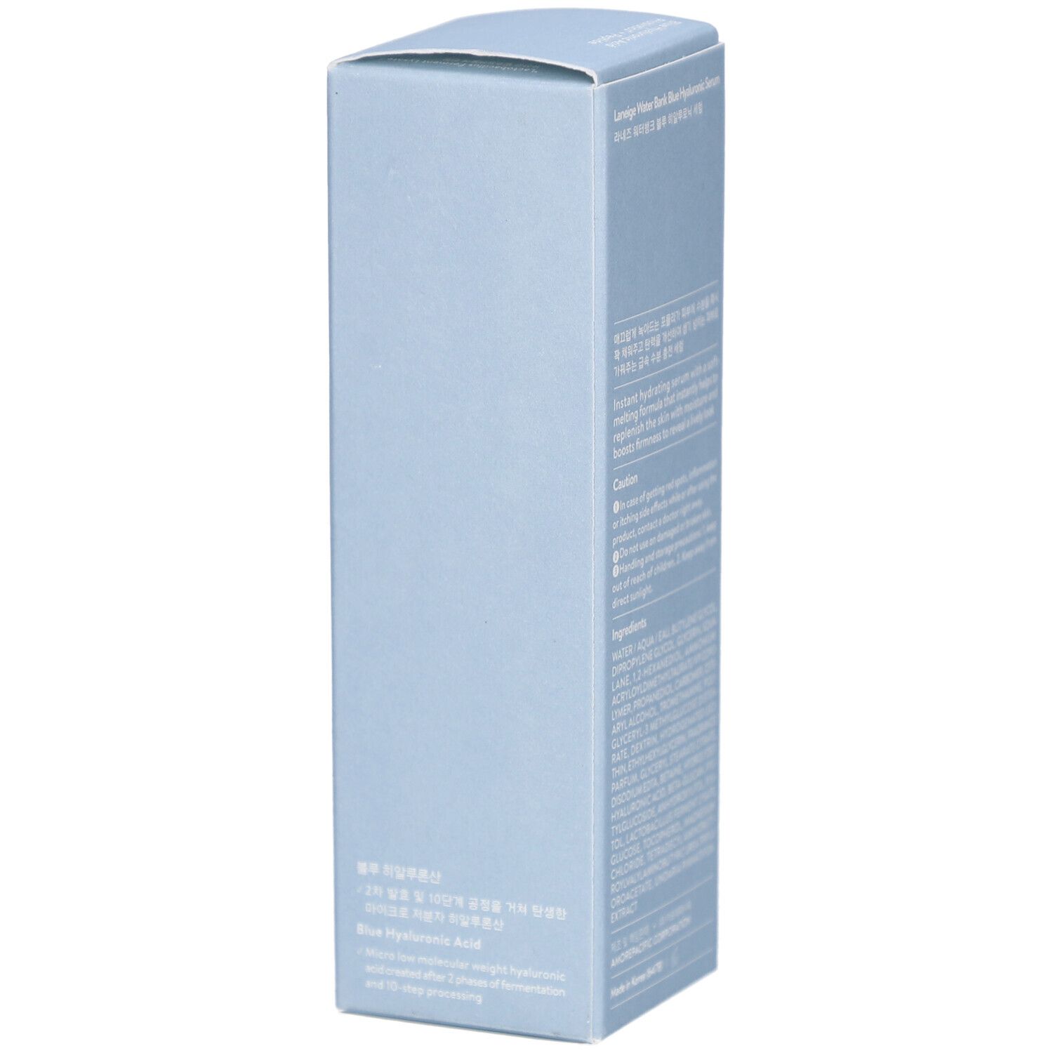 Lichtblauwe productverpakking. Tekst op achterkant: LANEIGE Water Bank Blue Hyaluronic Serum. Details.