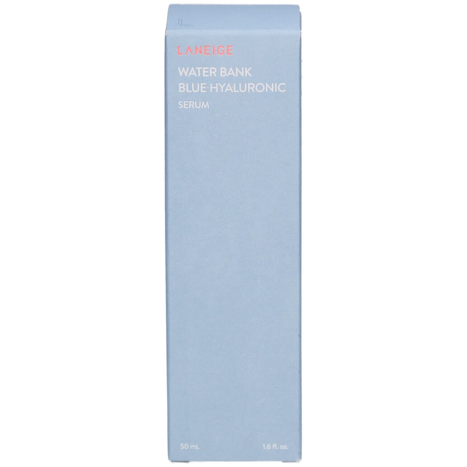 Lichtblauwe productverpakking. Tekst: LANEIGE, WATER BANK BLUE HYALURONIC SERUM. 30 ml, 1 fl. oz.
