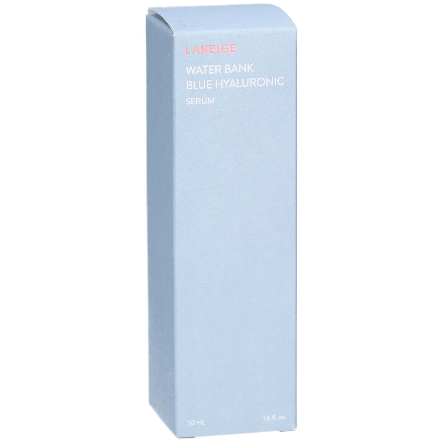 Lichtblauwe productverpakking. Tekst: LANEIGE, WATER BANK BLUE HYALURONIC SERUM. 30 ml, 1 fl. oz.