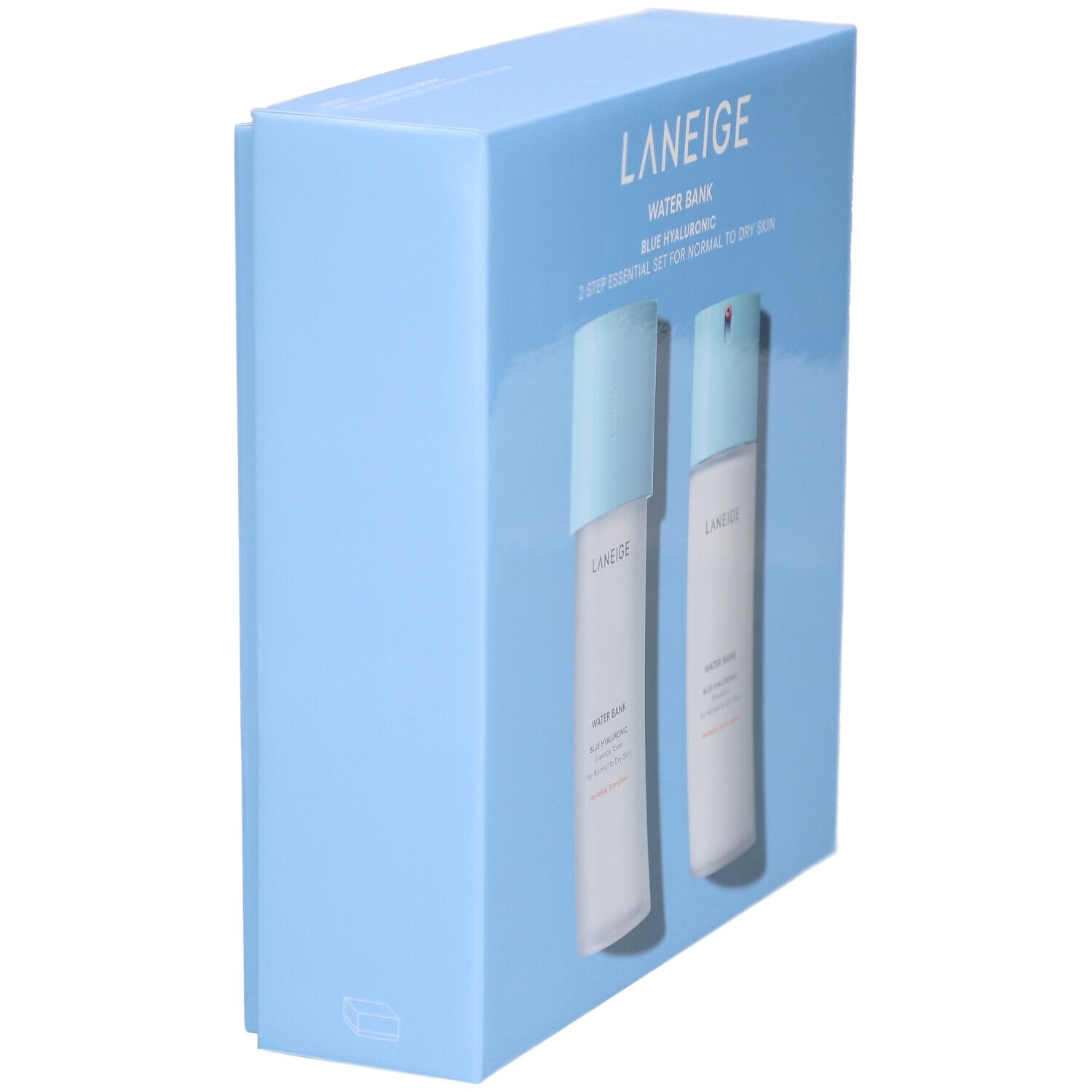 Coffret bleu clair avec deux flacons, vue latérale. Inscription : LANEIGE, WATER BANK, BLUE HYALURONIC, 2 STEP ESSENTIAL SET FOR NORMAL TO DRY SKIN.