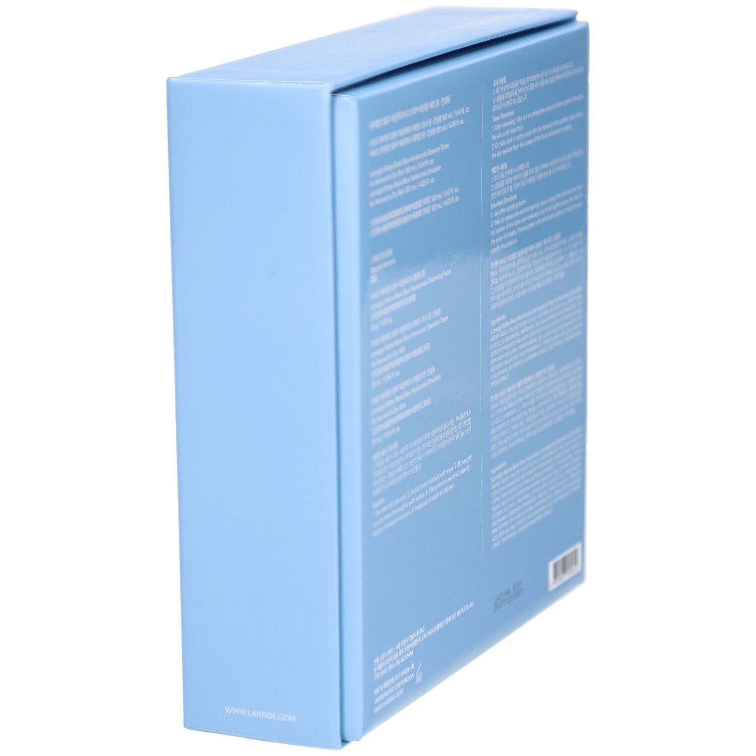 Coffret bleu clair, vue latérale. Texte en plusieurs langues. Inscription : LANEIGE Water Bank Blue Hyaluronic.