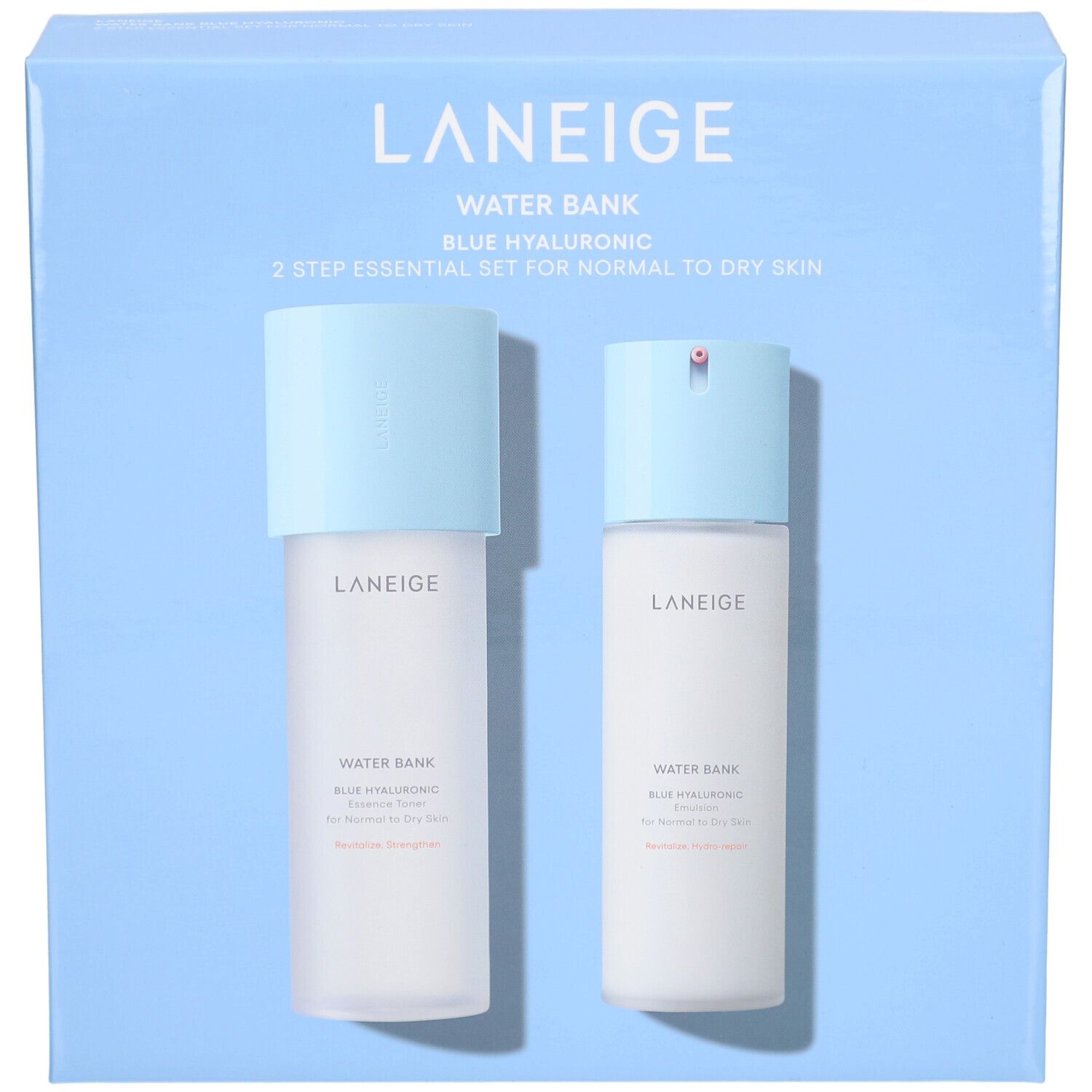 Coffret bleu clair avec deux flacons. Inscription : LANEIGE, WATER BANK, BLUE HYALURONIC, 2 STEP ESSENTIAL SET FOR NORMAL TO DRY SKIN.