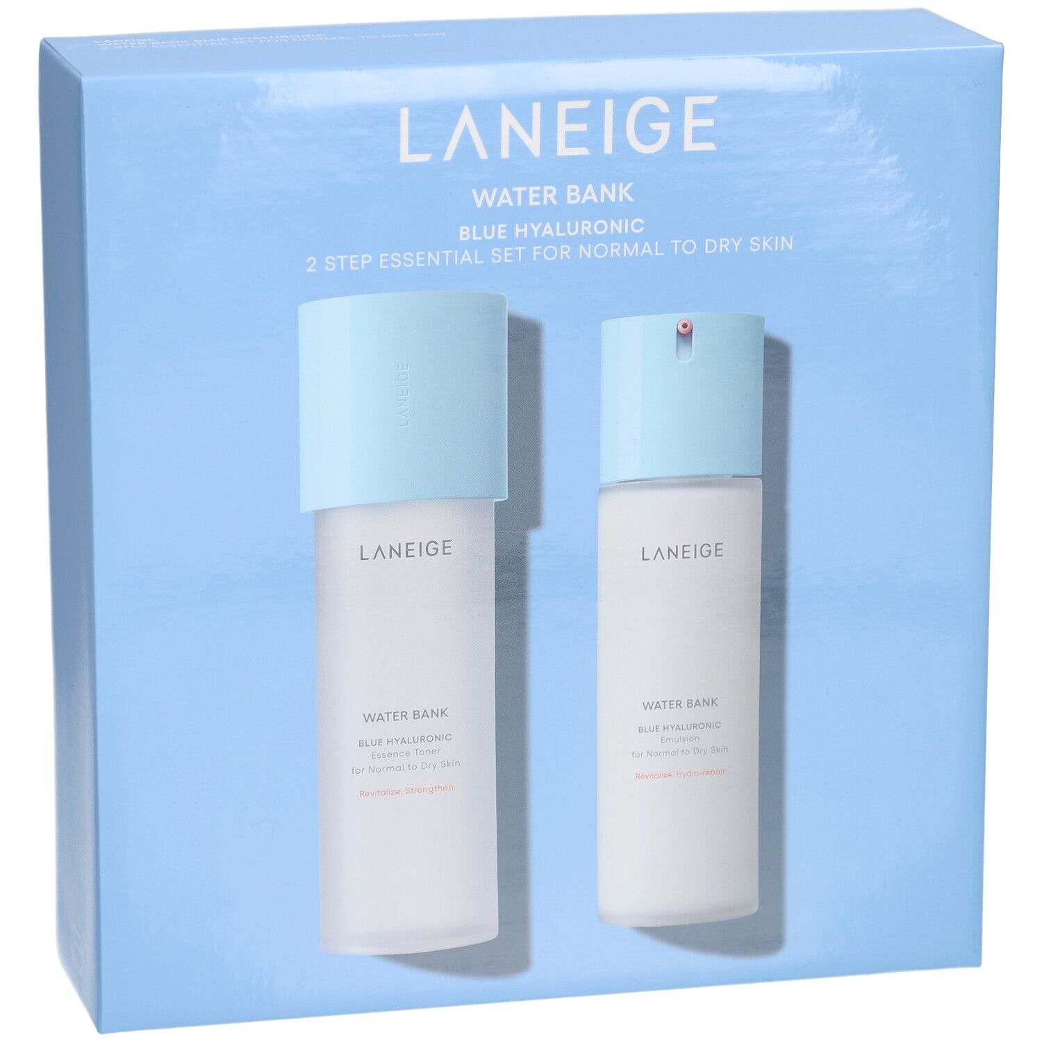 Coffret bleu clair avec deux flacons. Inscription : LANEIGE, WATER BANK, BLUE HYALURONIC, 2 STEP ESSENTIAL SET FOR NORMAL TO DRY SKIN.