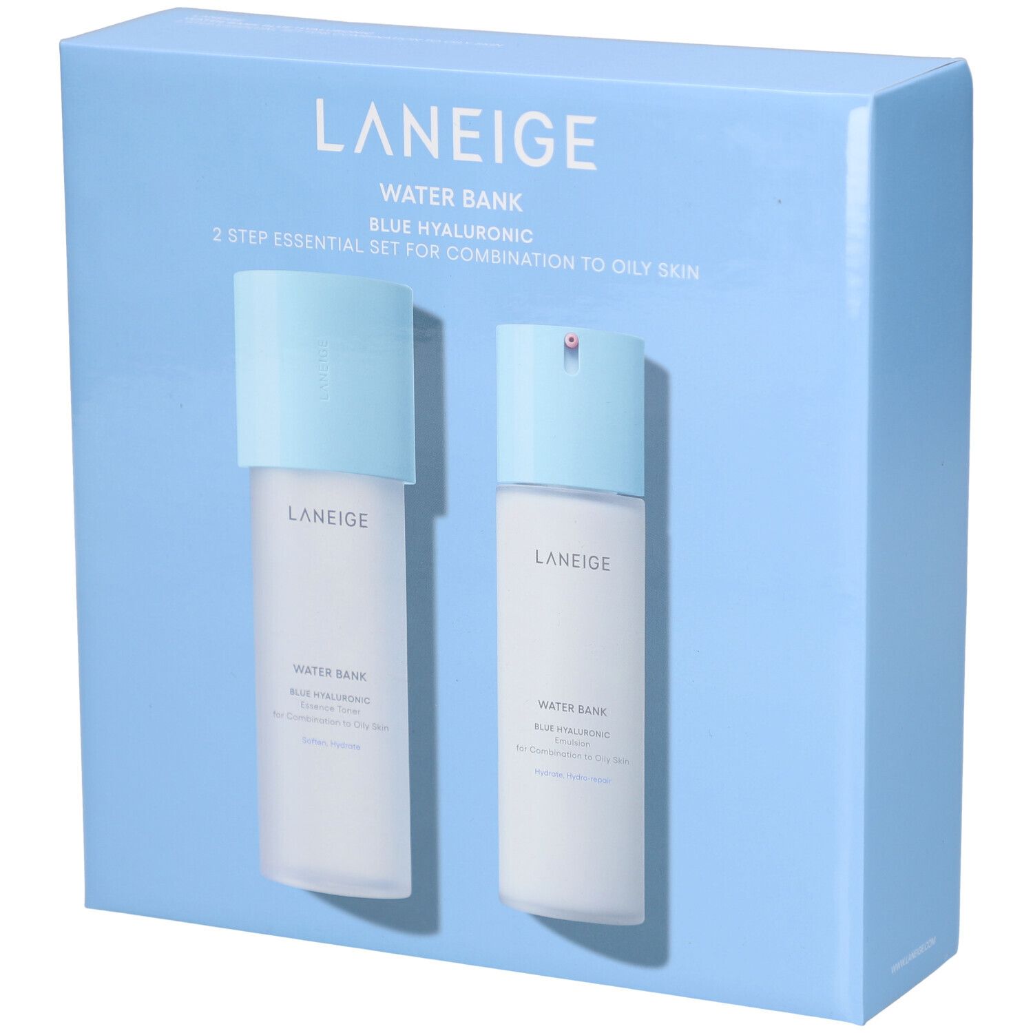 Lichtblauwe verpakking met twee flessen. Opschrift: LANEIGE, WATER BANK, BLUE HYALURONIC, 2-Step Essential Set voor de gecombineerde tot vette huid.