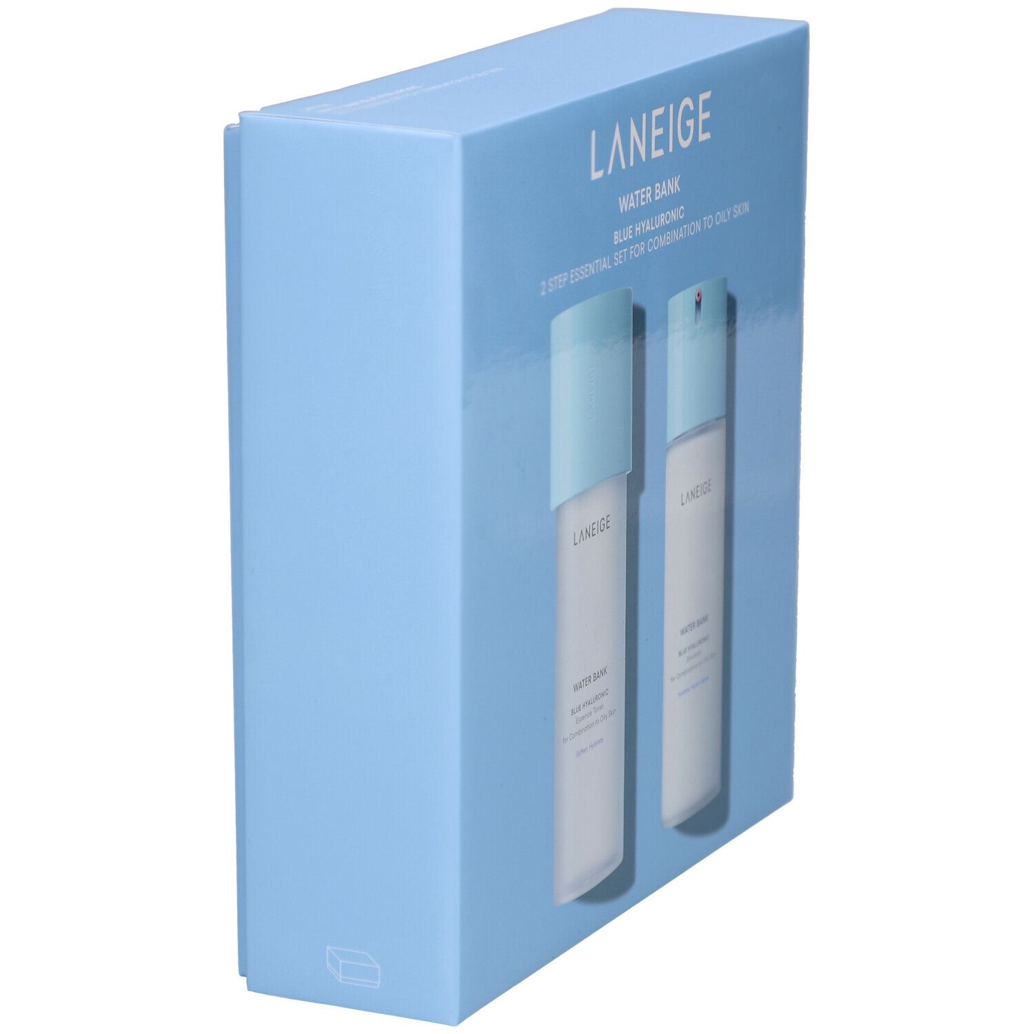 Lichtblauwe verpakking, schuin. Opschrift: LANEIGE, WATER BANK, BLUE HYALURONIC, 2-Step Essential Set voor de gecombineerde tot vette huid. Twee flessen zichtbaar.