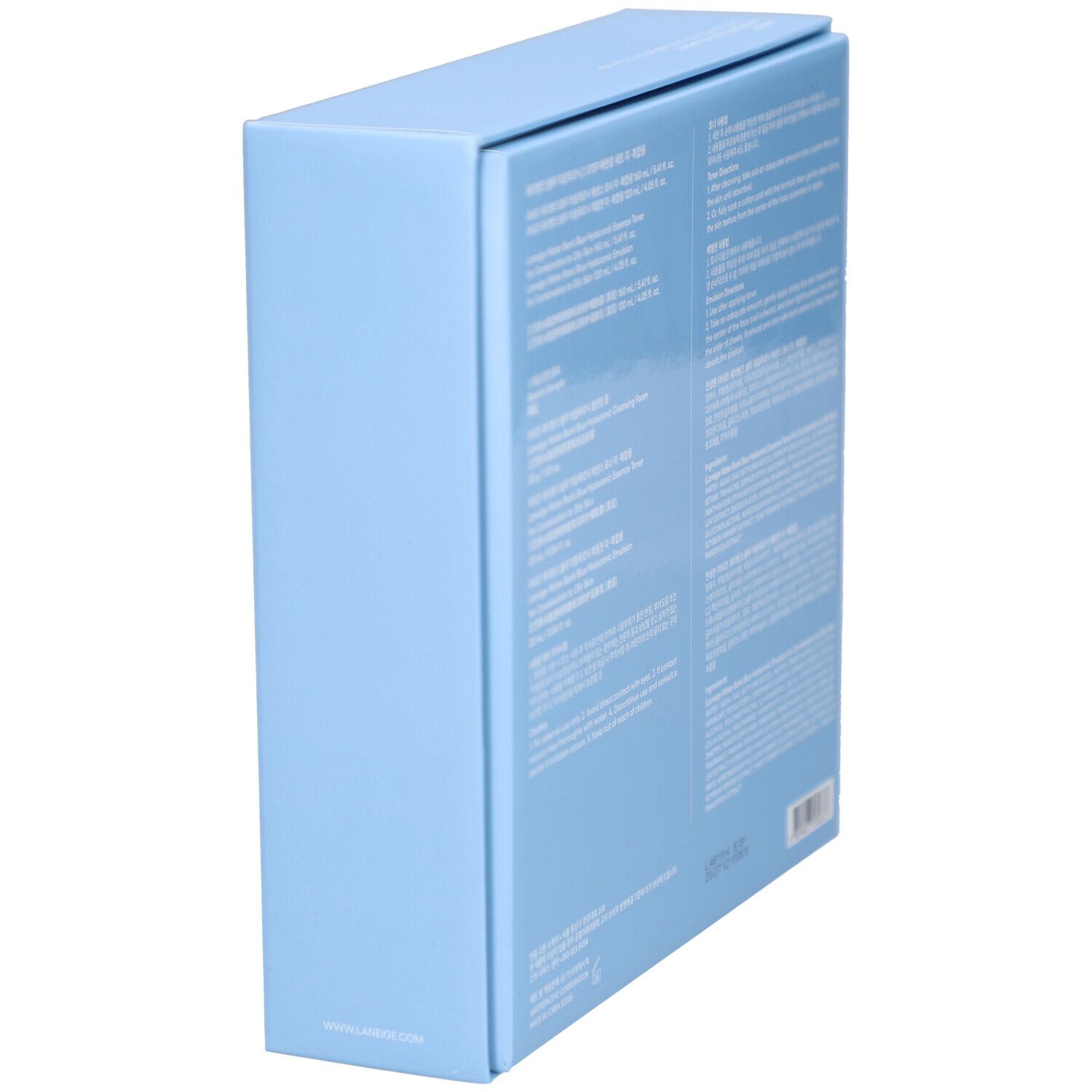 Lichtblauwe verpakking, schuin. Achterkant met tekst. Productinformatie en ingrediënten. Merk: LANEIGE.