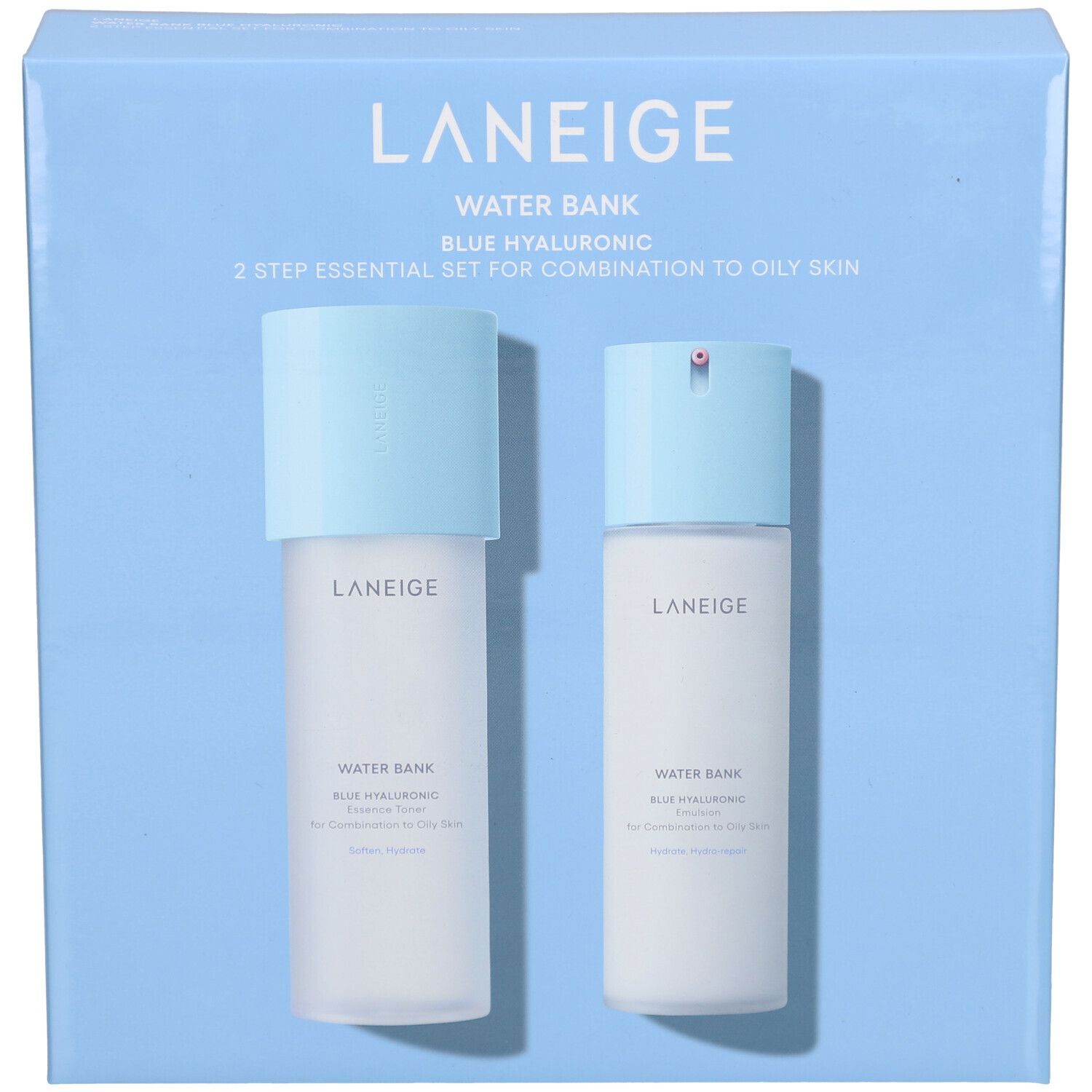 Lichtblauwe verpakking met twee flessen. Opschrift: LANEIGE, WATER BANK, BLUE HYALURONIC, 2-Step Essential Set voor de gecombineerde tot vette huid.