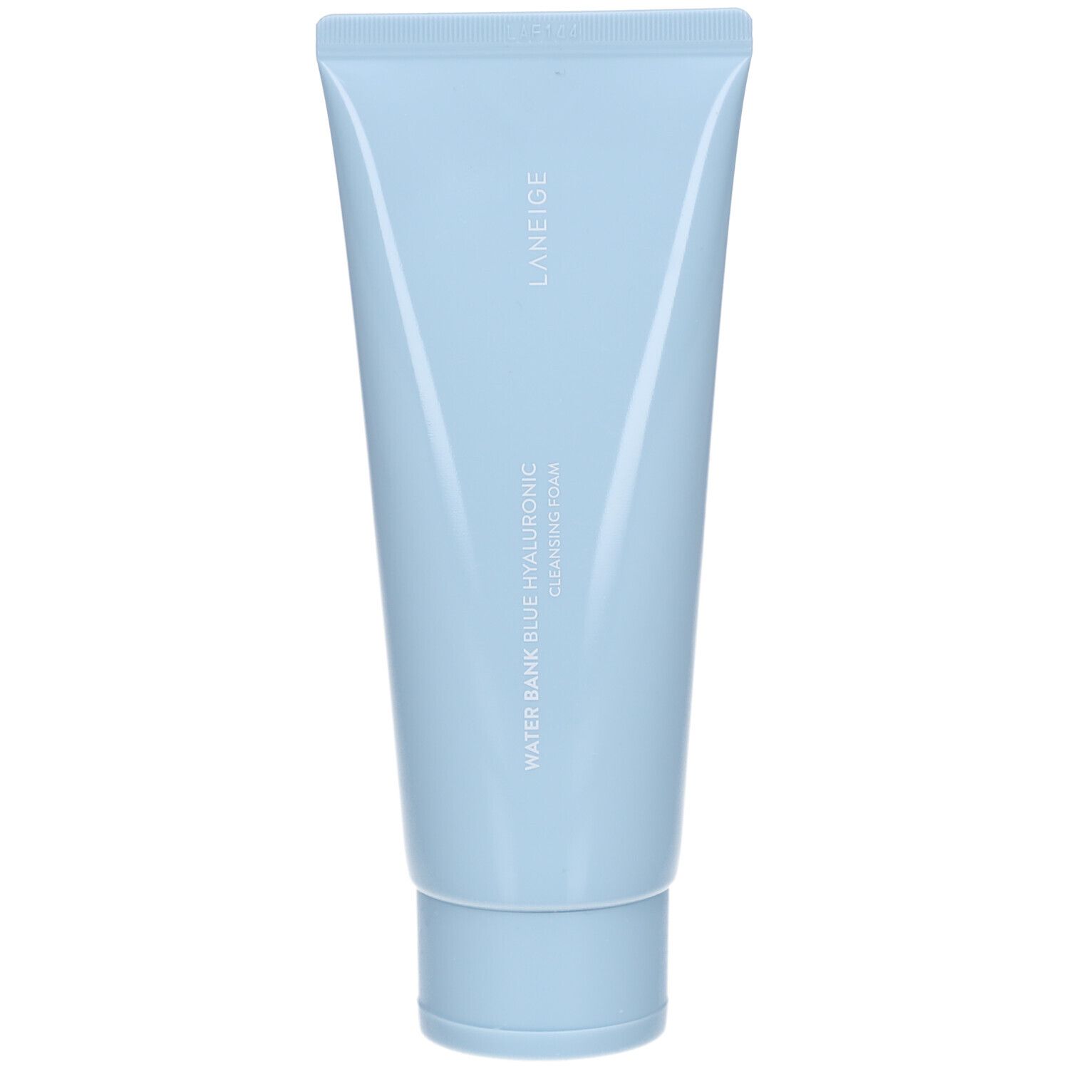 Tube bleu clair avec texte blanc. Inscription : LANEIGE, WATER BANK BLUE + TAURONIC CLEANSING FOAM.