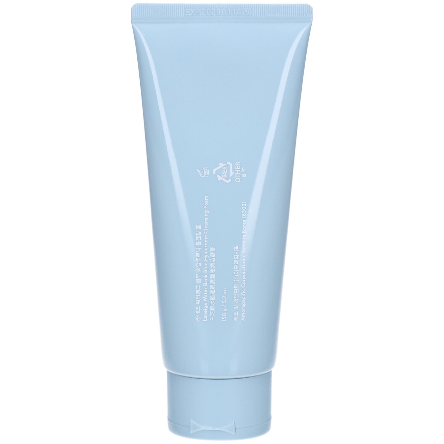 Dos du tube bleu clair. Texte en plusieurs langues. Inscription : WATER BANK BLUE + TAURONIC CLEANSING FOAM.