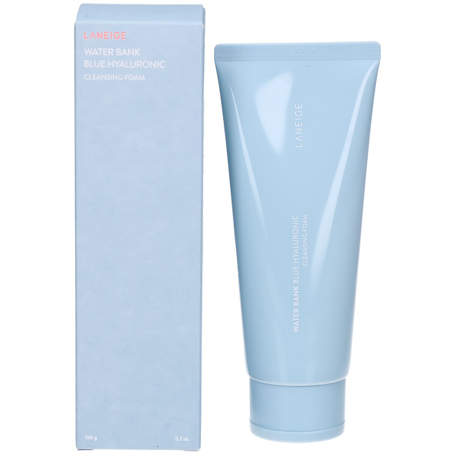 Tube et boîte bleu clair. Inscription : LANEIGE, WATER BANK BLUE HYALURONIC CLEANSING FOAM. Boîte à gauche.