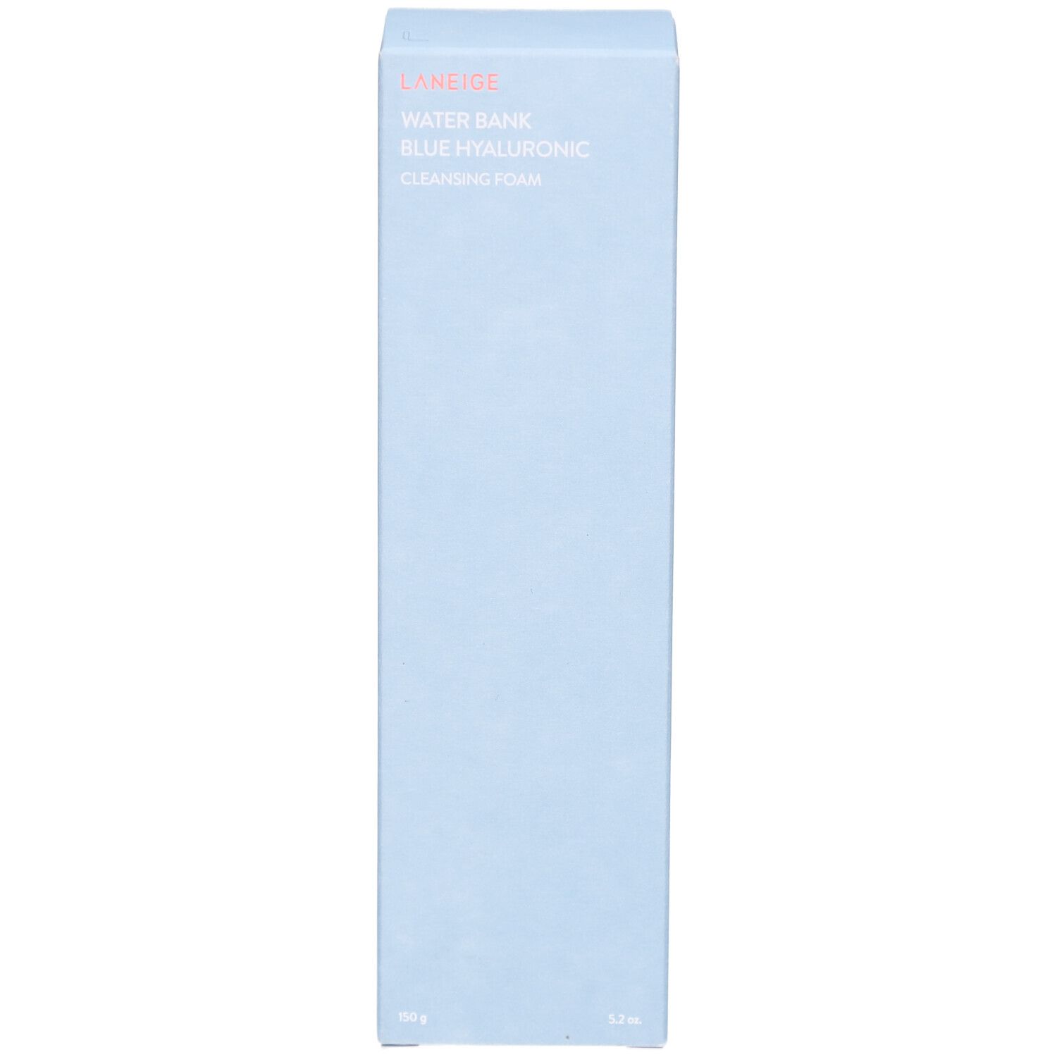 Boîte bleu clair. Inscription : LANEIGE, WATER BANK BLUE HYALURONIC CLEANSING FOAM. En bas : 150g / 5.0 fl. oz.