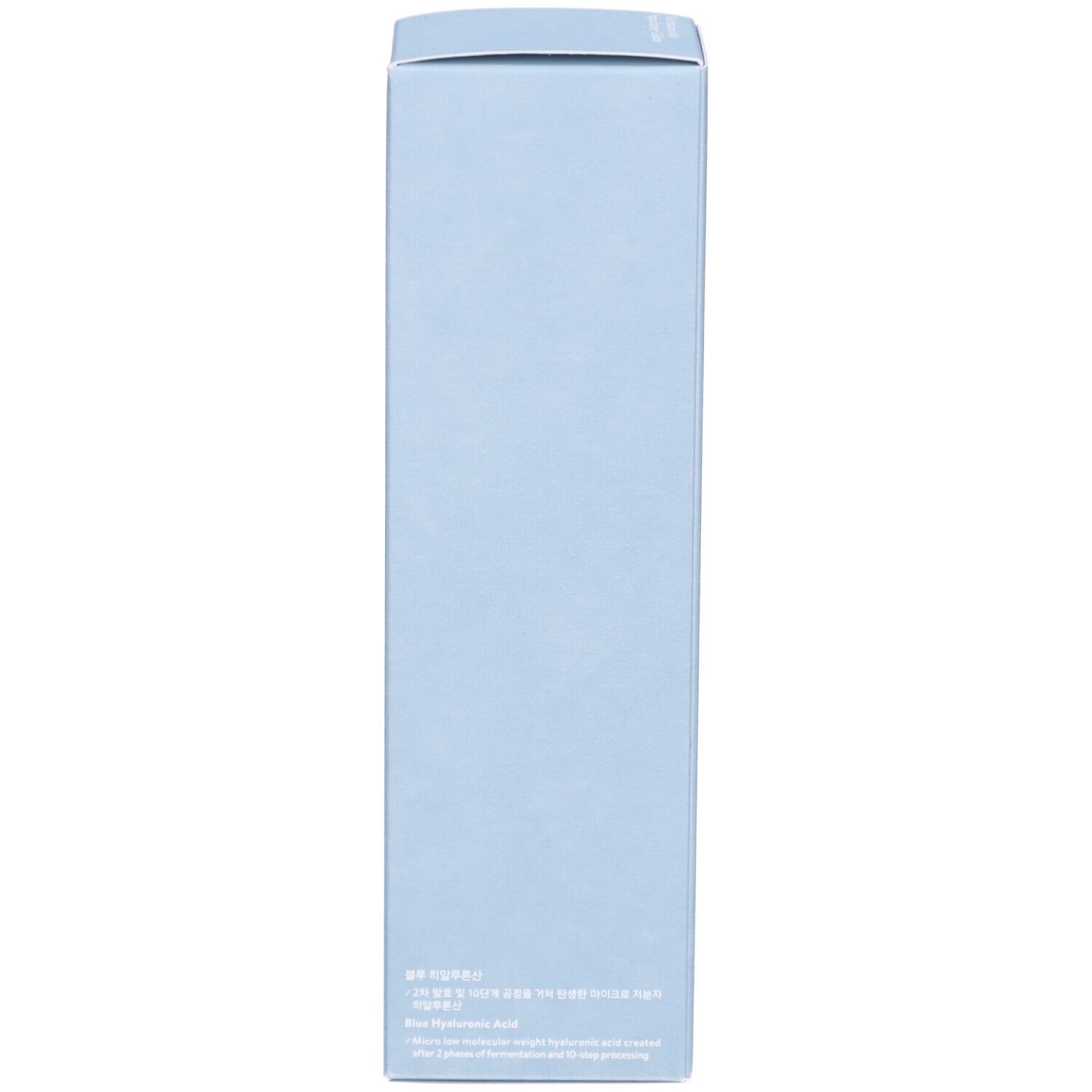 Côté de la boîte bleu clair. Texte en plusieurs langues. Informations sur les ingrédients.