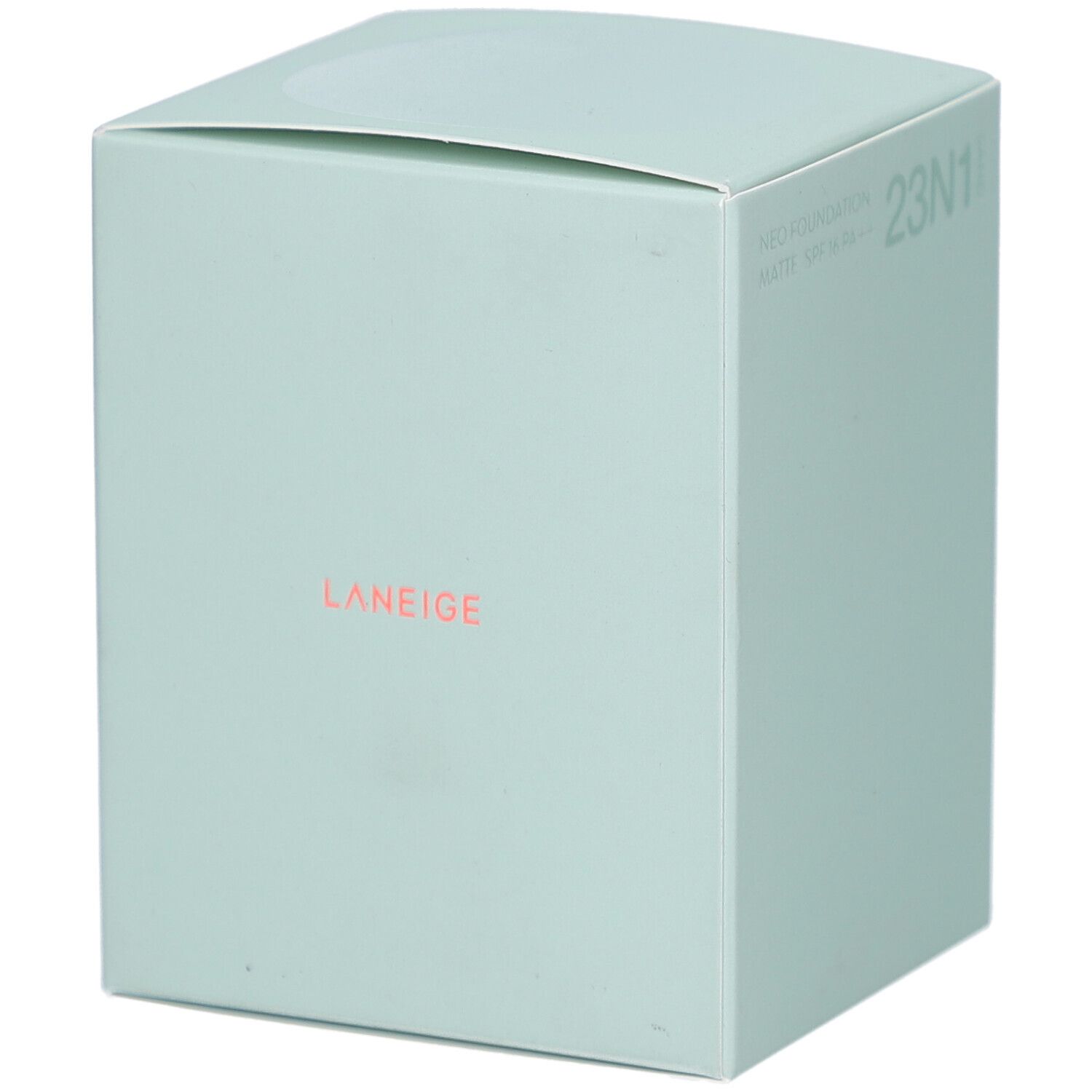 Lichtgroene vierkante verpakking. Opschrift: LANEIGE. Op de zijkant: NEO FOUNDATION MATTE SPF16 PA++ 23N1 Sand.