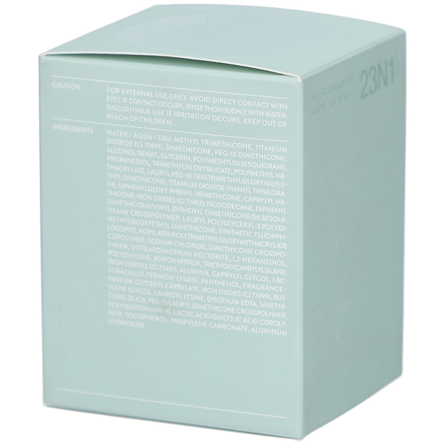 Lichtgroene vierkante verpakking. Tekst met ingrediënten en voorzorgsmaatregelen. Opschrift: NEO FOUNDATION MATTE SPF16 PA++ 23N1 Sand.