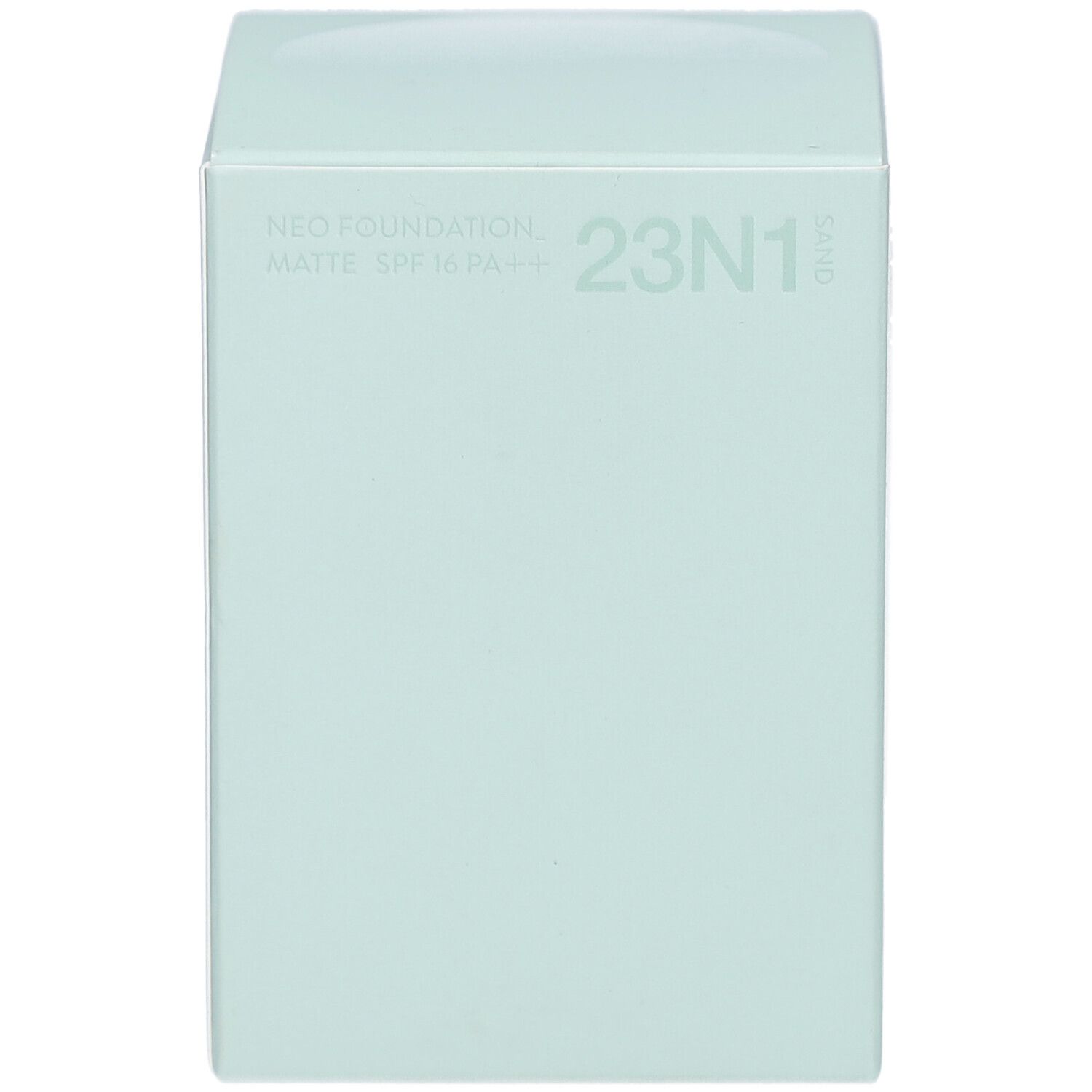 Lichtgroene vierkante verpakking. Opschrift: NEO FOUNDATION MATTE SPF16 PA++ 23N1 Sand.