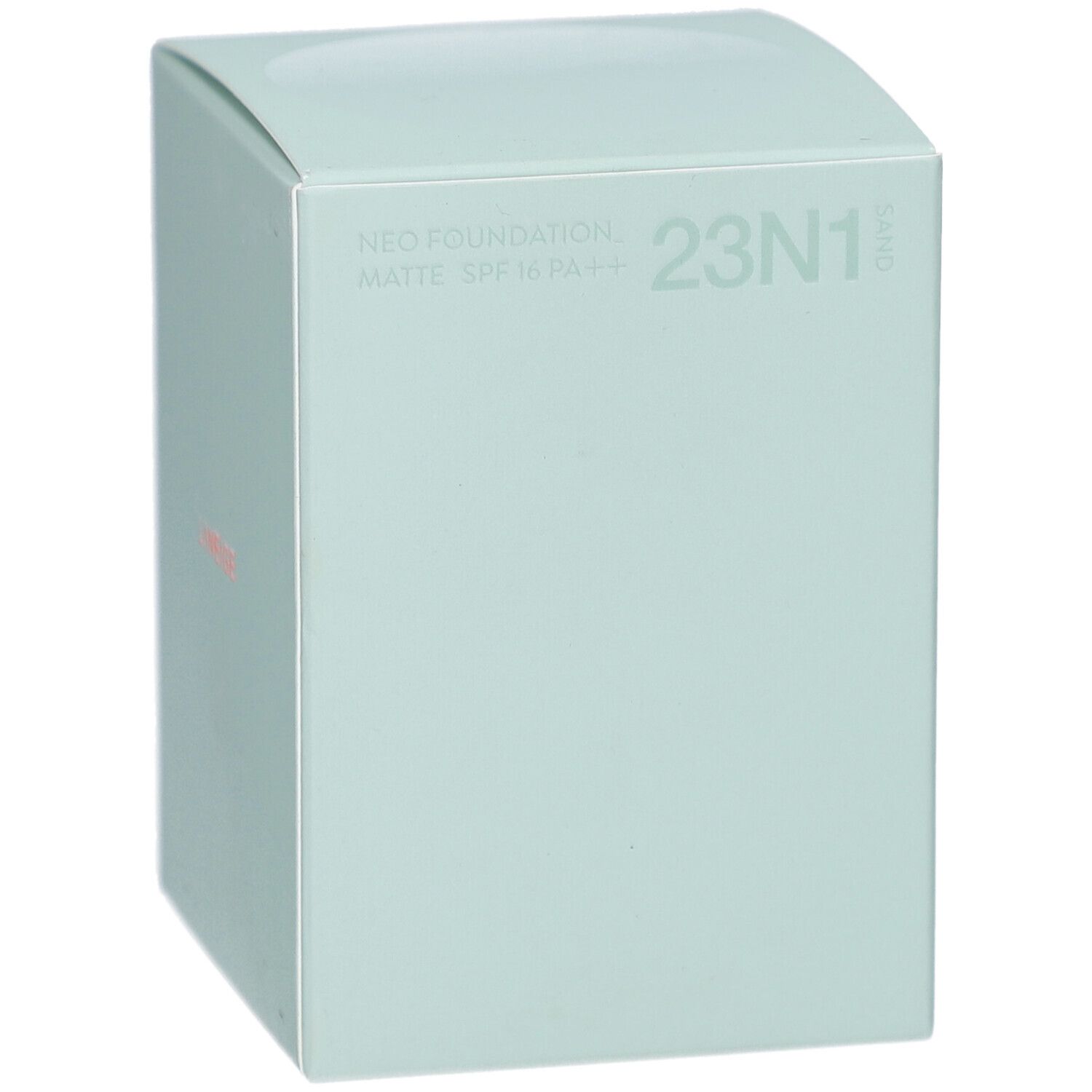 Lichtgroene vierkante verpakking. Opschrift: NEO FOUNDATION MATTE SPF16 PA++ 23N1 Sand.