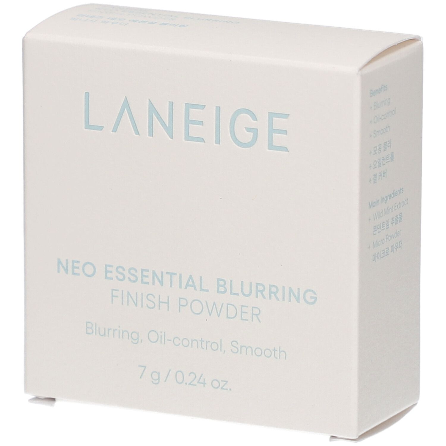 Witte LANEIGE-verpakking. Tekst: Neo Essential Blurring Finish Powder, 7 g/0.24 oz. Voordelen en ingrediënten.