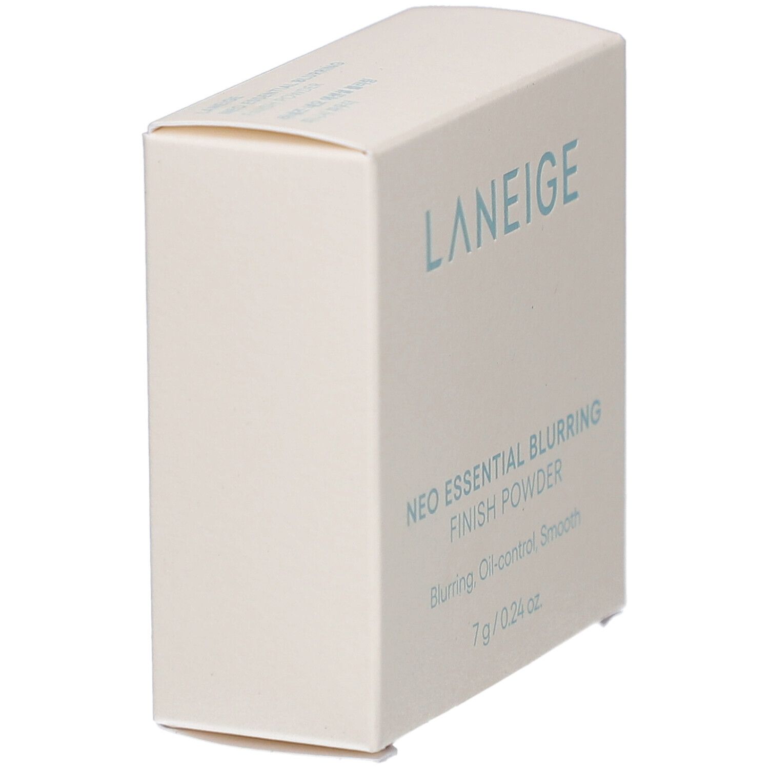 Witte schuine verpakking. LANEIGE en Neo Essential Blurring Finish Powder. 7 g/0.24 oz. Tekst op zijkant.