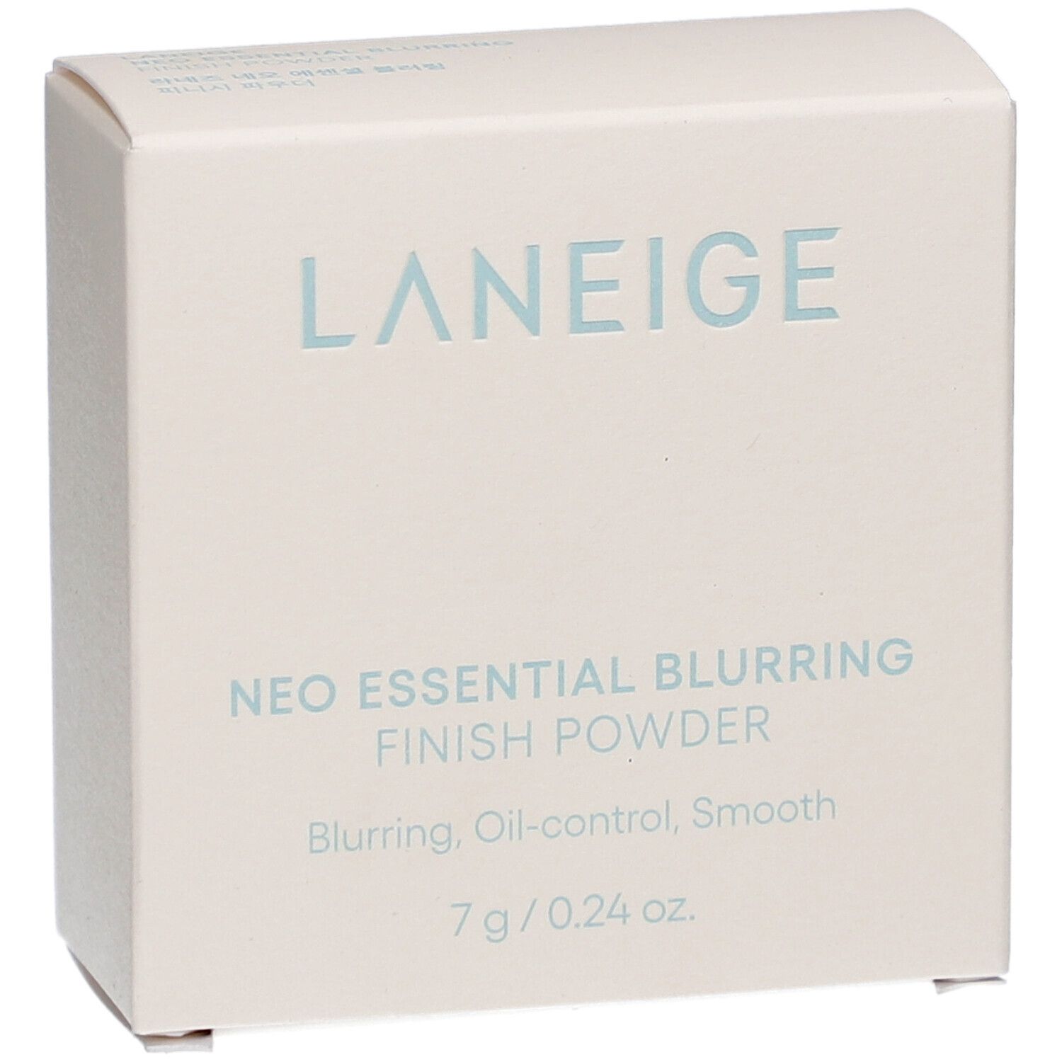 Witte LANEIGE-verpakking. Tekst: Neo Essential Blurring Finish Powder, 7 g/0.24 oz. Voordelen en ingrediënten.