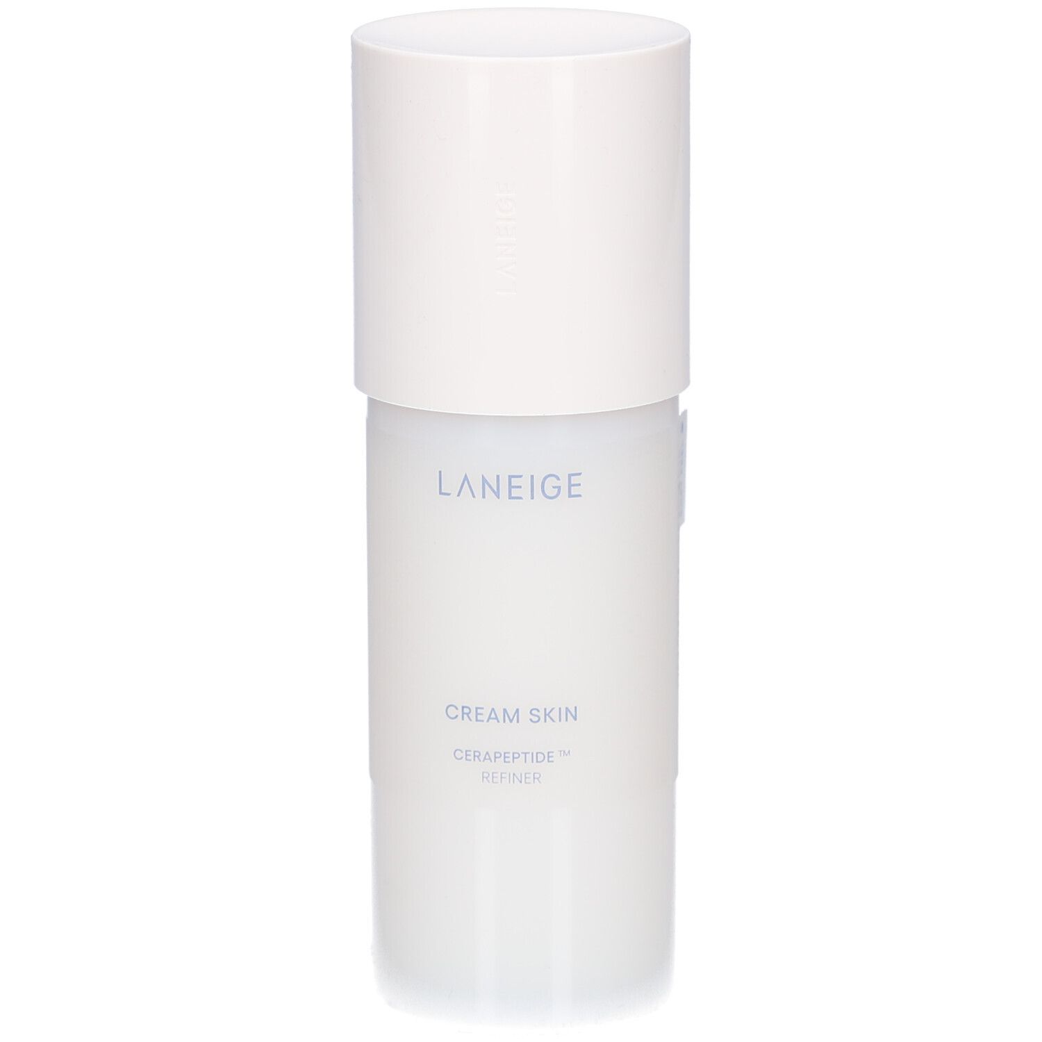 Flacon blanc avec bouchon. Inscription : LANEIGE, CREAM SKIN, CERAPEPTIDE™ REFINER.