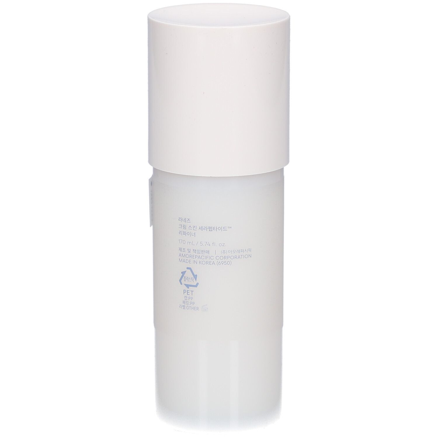 Flacon blanc avec bouchon. Dos avec texte et symboles.