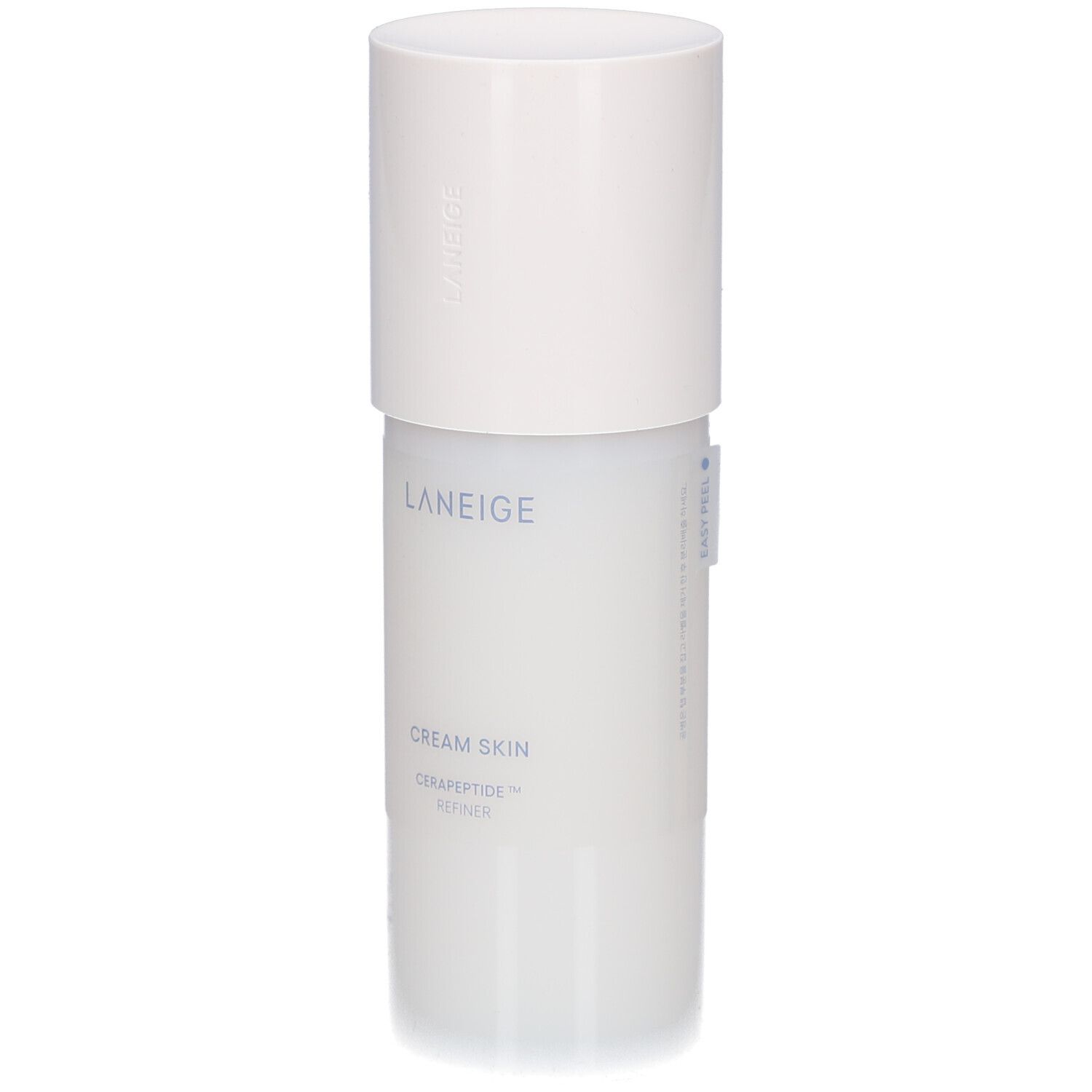 Flacon blanc avec bouchon. Inscription : LANEIGE, CREAM SKIN, CERAPEPTIDE™ REFINER.