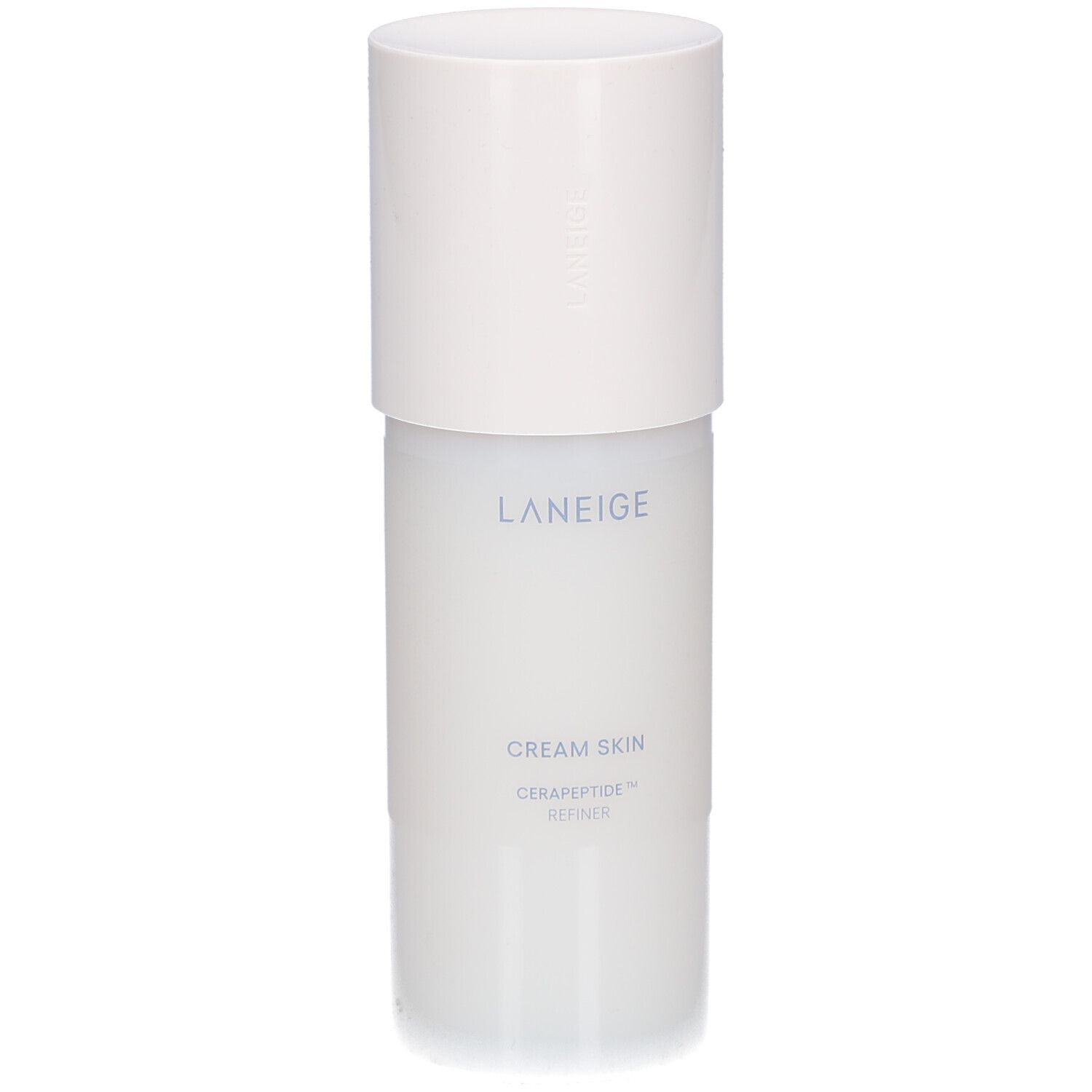 Flacon blanc avec bouchon. Inscription : LANEIGE, CREAM SKIN, CERAPEPTIDE™ REFINER.