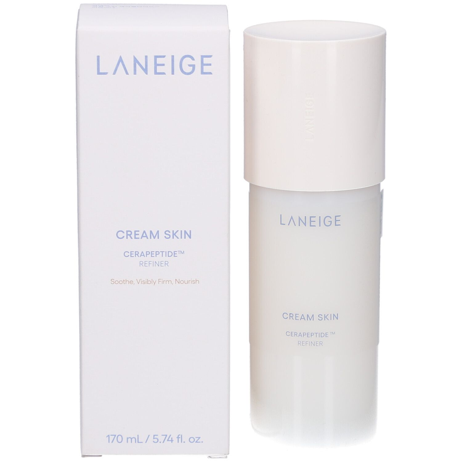 Flacon et emballage blancs. Inscription : LANEIGE, CREAM SKIN, CERAPEPTIDE™ REFINER. 170 ml.