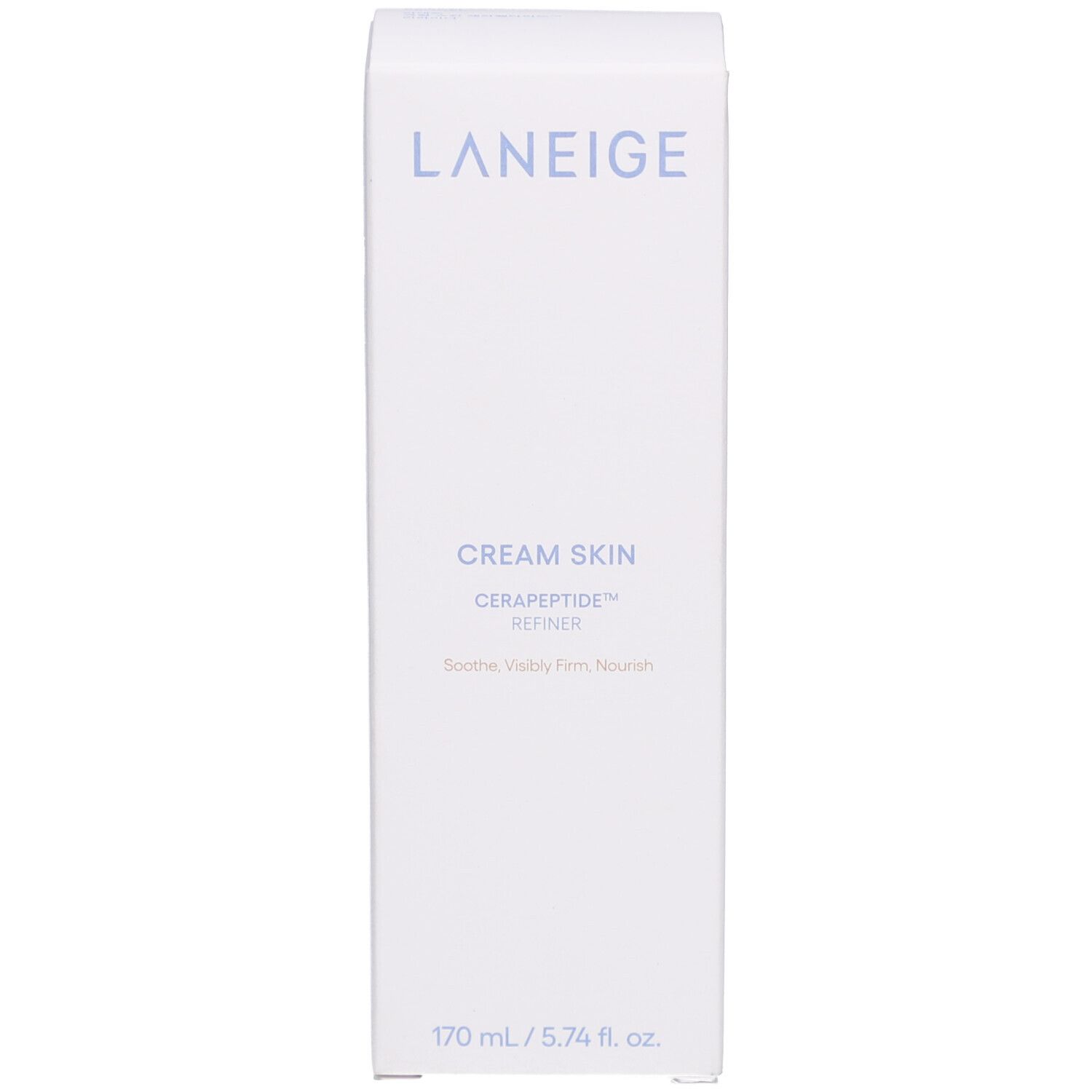 Emballage blanc. Inscription : LANEIGE, CREAM SKIN, CERAPEPTIDE™ REFINER. 170 ml.
