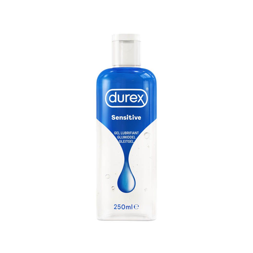 Durex Sensitive glijmiddelfles. Blauw-wit ontwerp. 250ml. Transparante vloeistof zichtbaar.