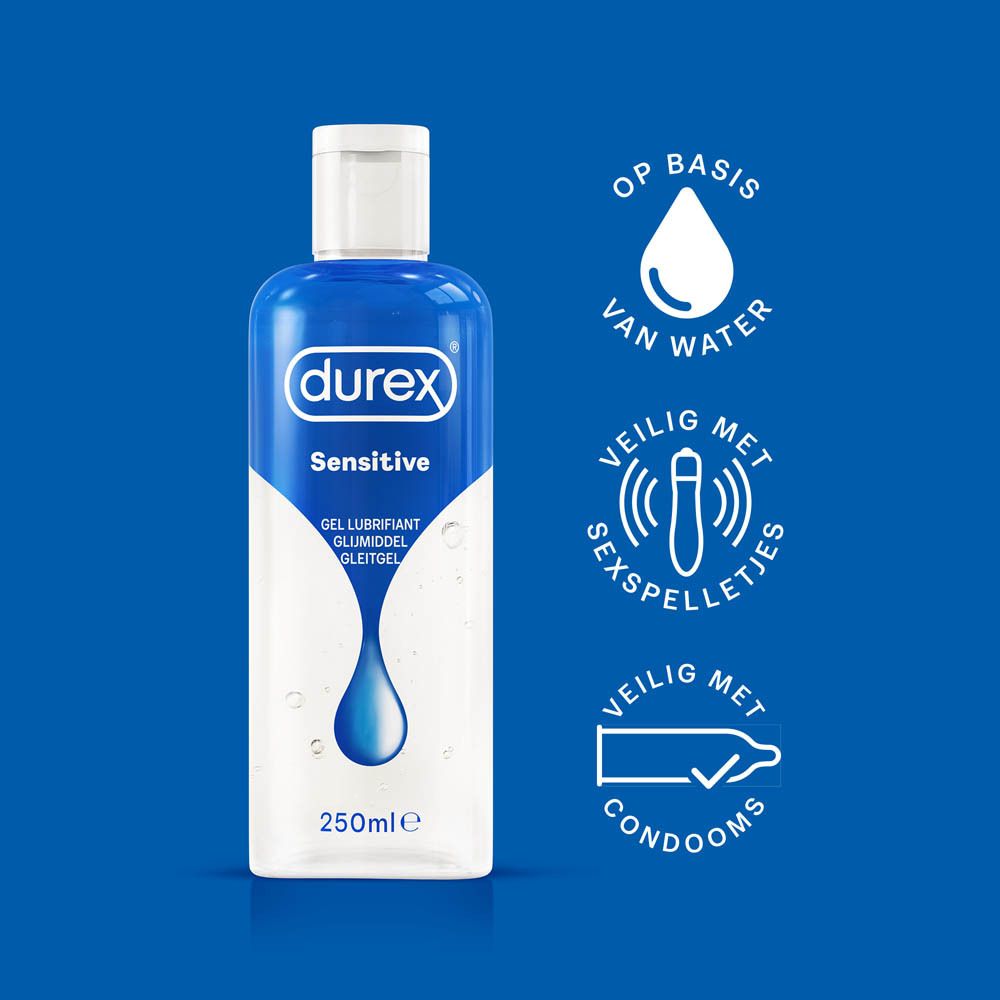 Durex Sensitive glijmiddelfles. Blauw-wit ontwerp. 250ml. Op waterbasis, veilig met condooms.