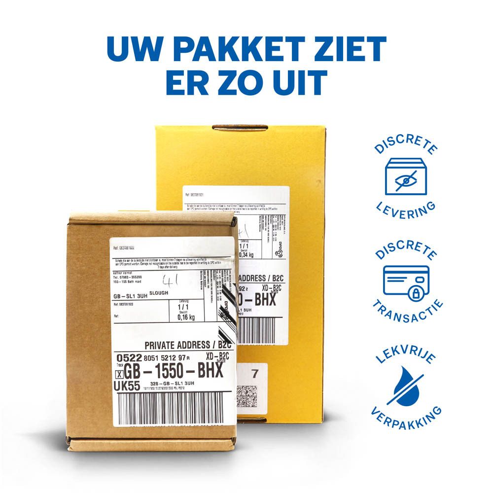 Verzendverpakking. Twee bruine dozen met adreslabels en symbolen.