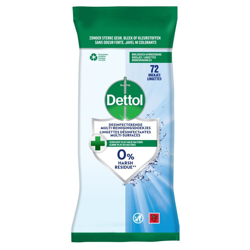Dettol reinigingsdoekjes verpakking. Groen-witte verpakking met logo en productnaam. 72 doekjes. 0% residu.