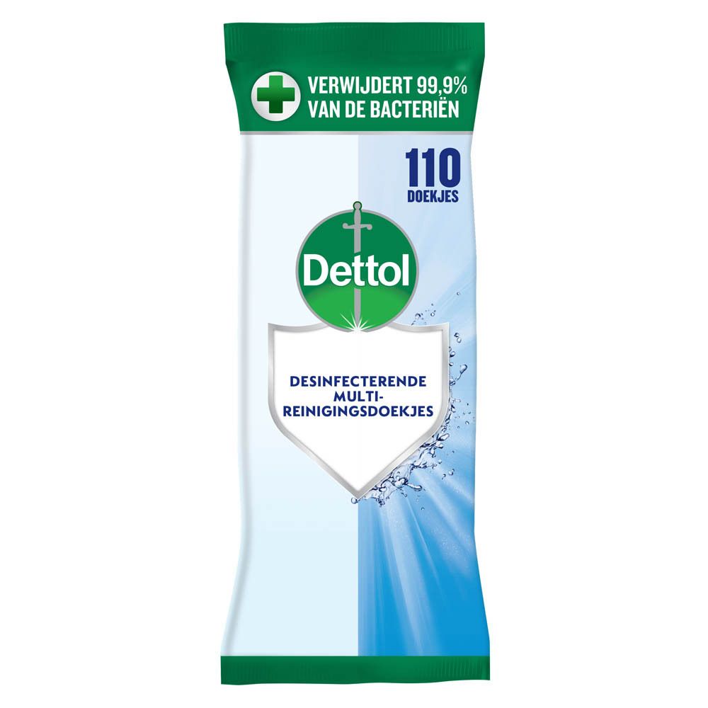 Paquet de lingettes nettoyantes Dettol. Design vert et blanc. 110 lingettes. Logo et nom du produit.