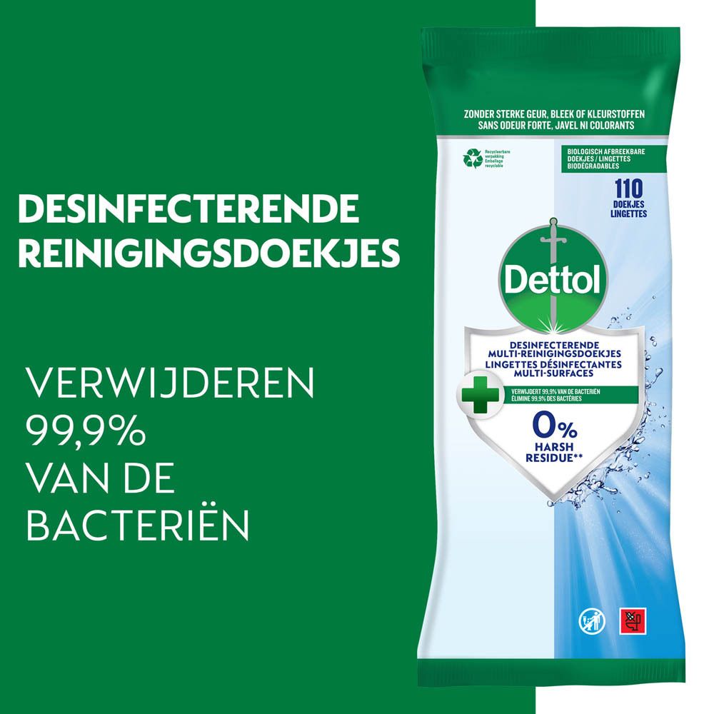 Dettol reinigingsdoekjes verpakking. Groen-wit ontwerp. 110 doekjes. Logo en productnaam.