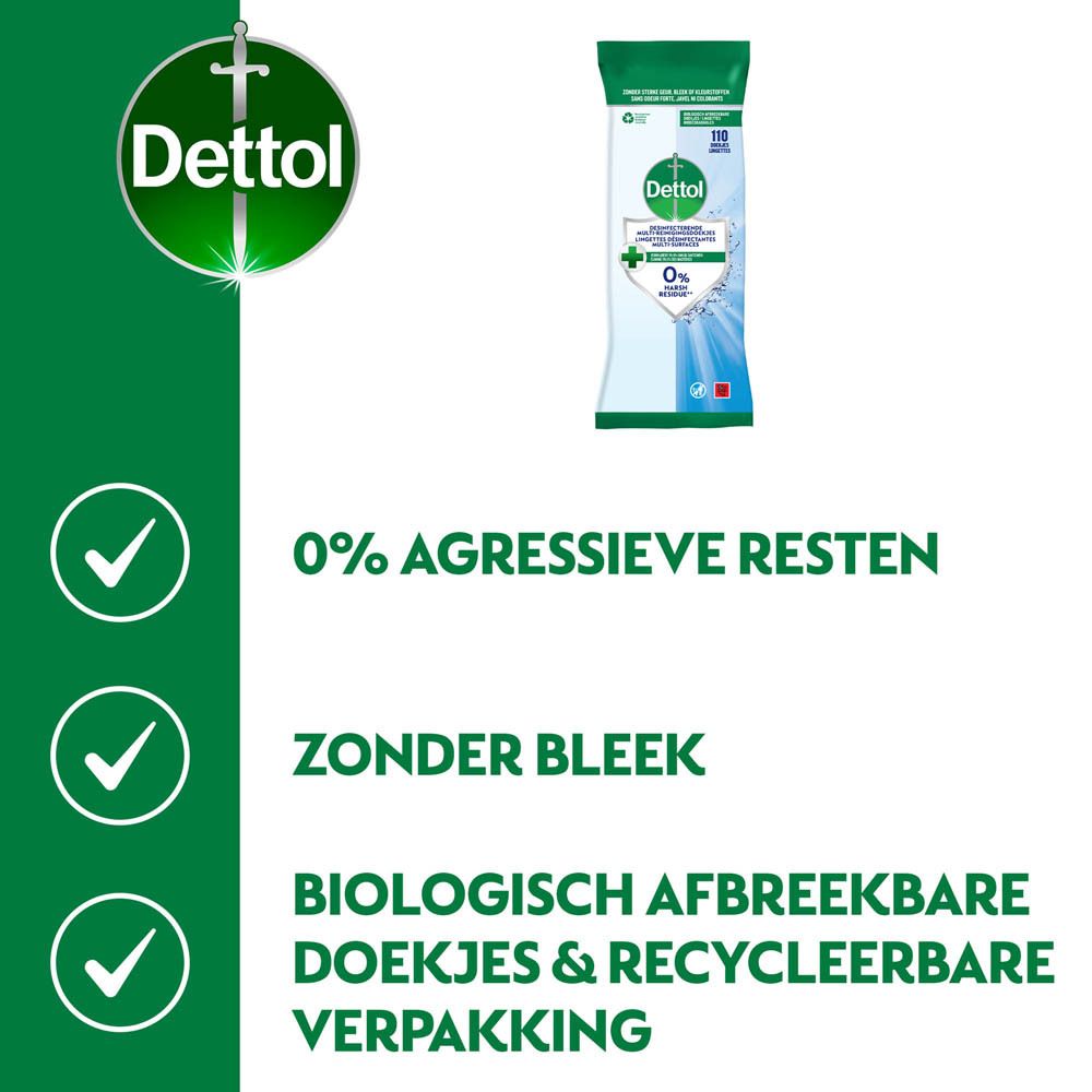 Dettol reinigingsdoekjes verpakking. Groen-wit ontwerp. 110 doekjes. Logo en productnaam.