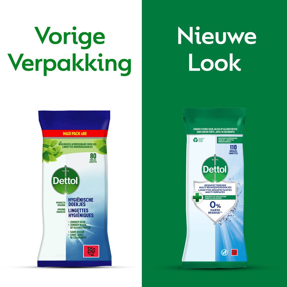 Achterkant van de Dettol verpakking. Tekst en logo's. Productinformatie en vervaldatum.
