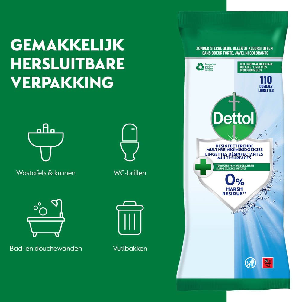 Dettol reinigingsdoekjes verpakking. Groen-wit ontwerp. 110 doekjes. Logo en productnaam.