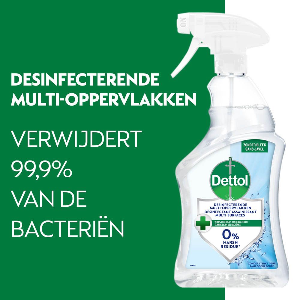 Tekst op groene achtergrond. Productnaam en logo. Opschrift: 99,9% van de bacteriën verwijderd. Zonder bleekmiddel.